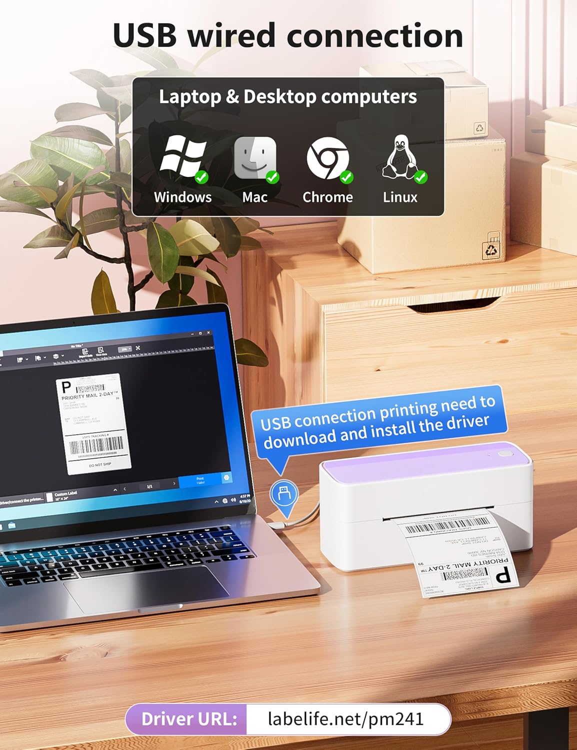 Phomemo Bluetooth Thermal Label Printer, 241BT 4X6 Wireless Shipping Label Printer for Small Business, Labels Printers for Shipping Package, Compatible with iPhone, Android, Purple