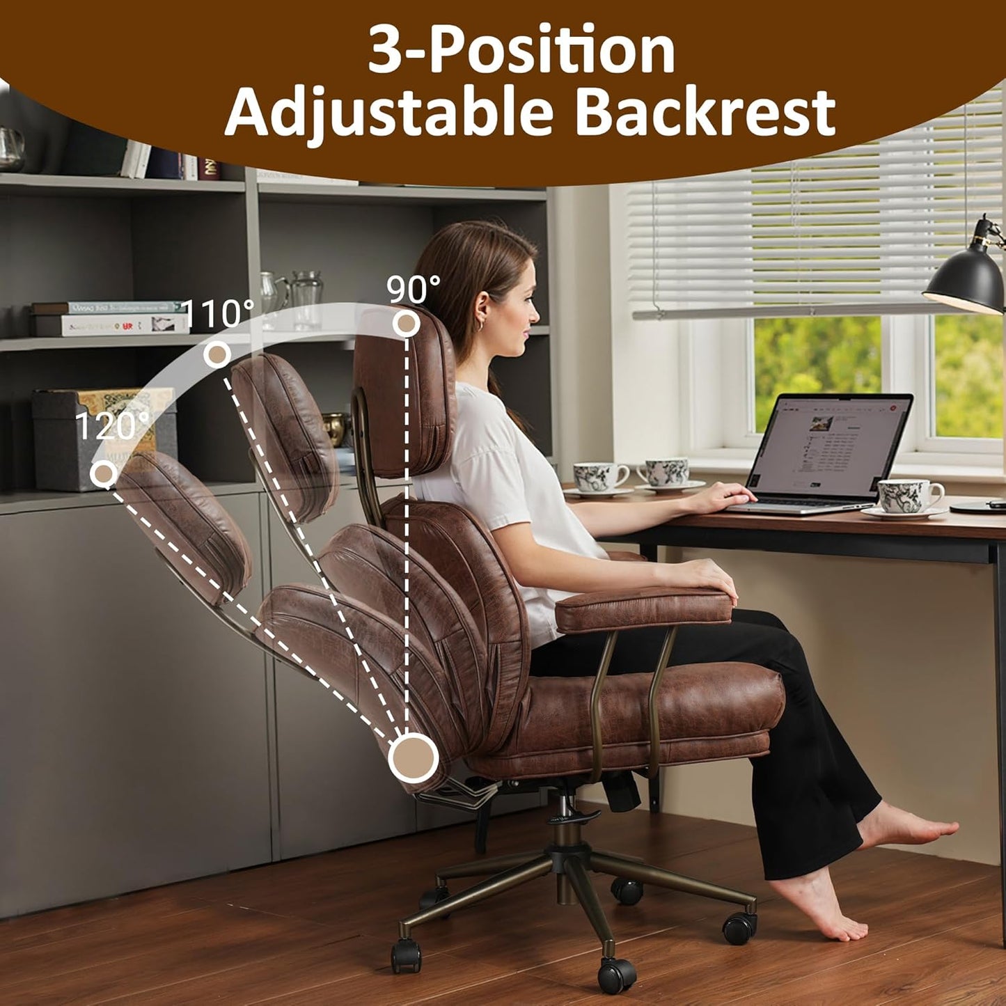 Faux Leather Executive Office Chair - Big and Tall Ergonomic Home Office Chair,Reclining Computer Desk Chair w/Lumbar Support,Adjustable Task Chair Swivel Rolling Chair with Wheels,Dark Brown,Suede