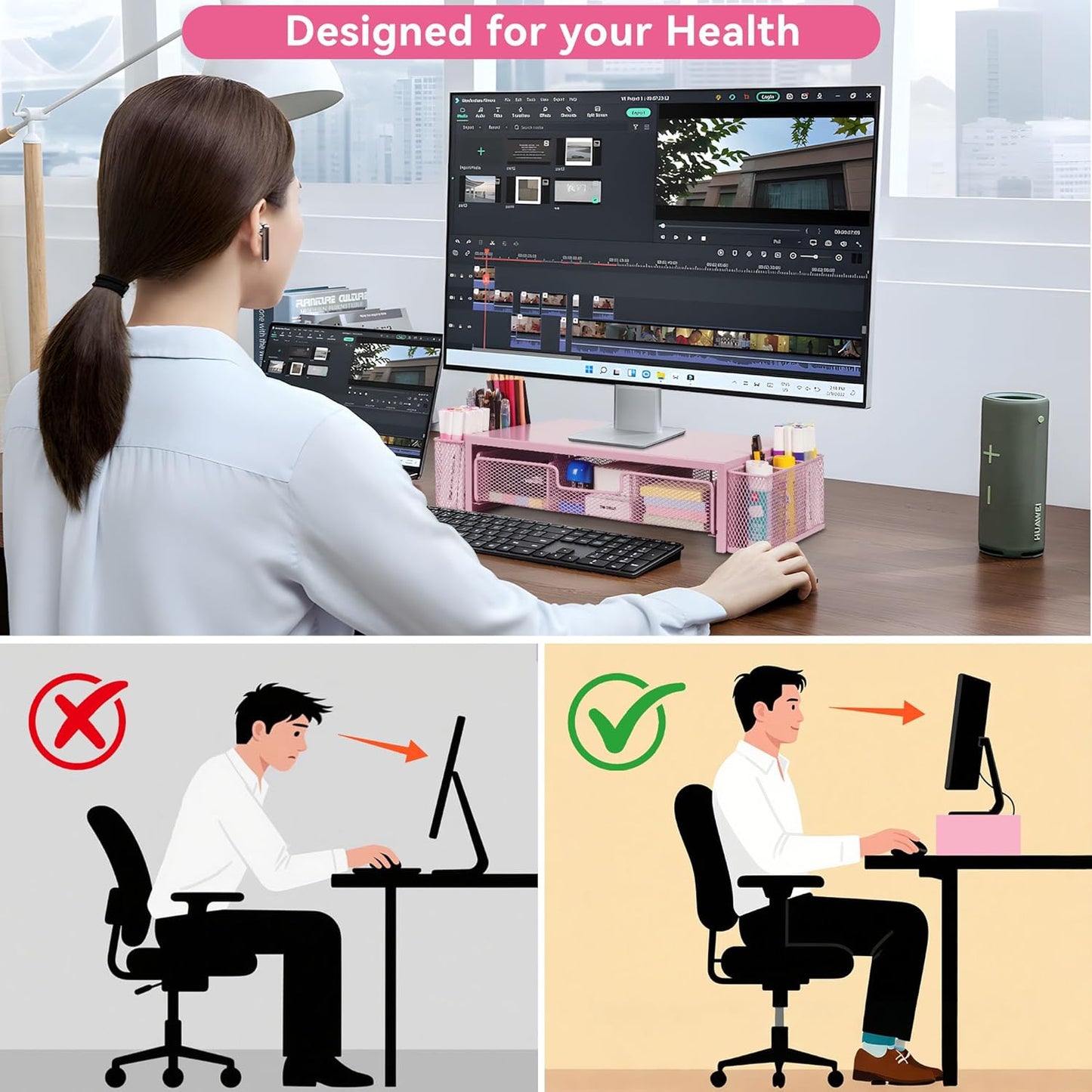 Computer Monitor Stand Riser with Drawer and Pen Holders, Desk Organizer Shelf and Accessories, Office Desk Accessories, Office Organization, Pink