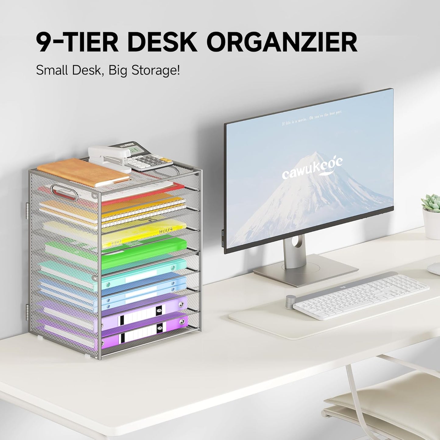 9 Tier Paper Organizer with Handle, Large Capacity Desk Organizer Mesh File Folder Letter Paper Tray Desktop Document Sorter for Classroom, School, and Office Accessories Organization- Silver