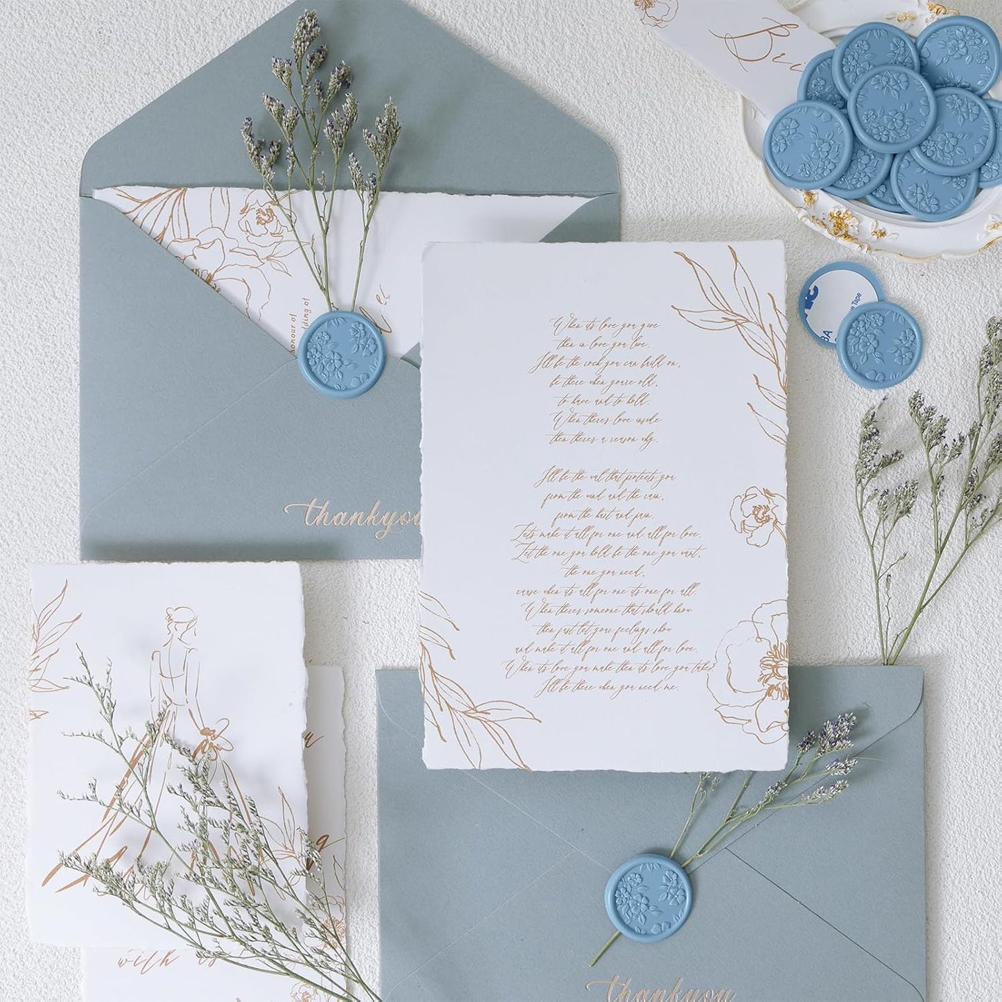 UNIQOOO Wax Seal Stickers - 3D Begonia Wedding Invitation Envelope Botanical Seal Stickers, 50 Pcs Self- Adhesive Dusty Blue Stickers, Perfect for Invitation, Christmas, Gift Wrapping, Party