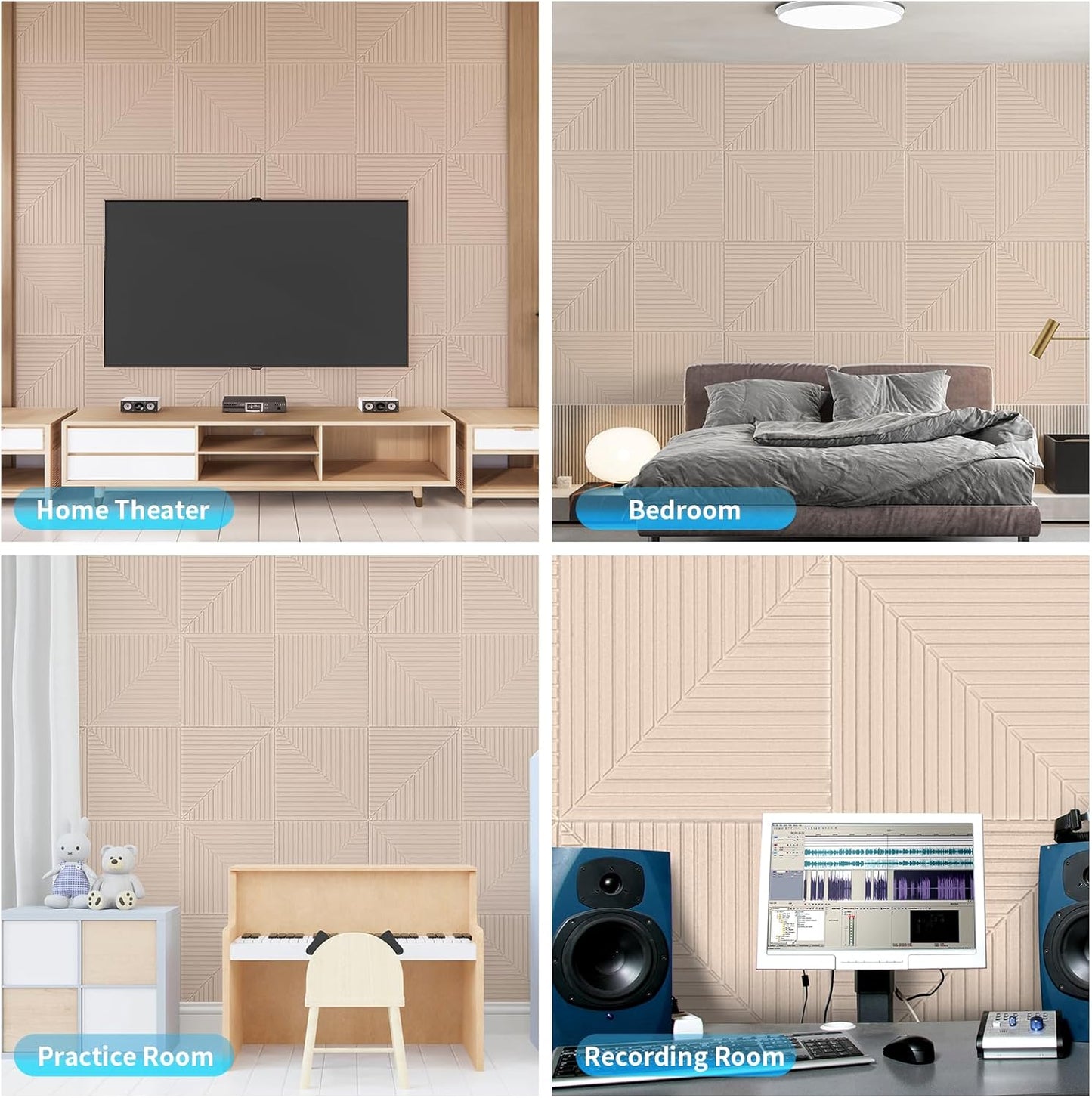 Art3d 6-Pack Self-Adhesive Acoustic Wall Panels for Home Décor, 24 x 24 Inch Soundproofing Panels for Office Studio Bedroom - High Noise Absorption Polyester Fiber, Camel