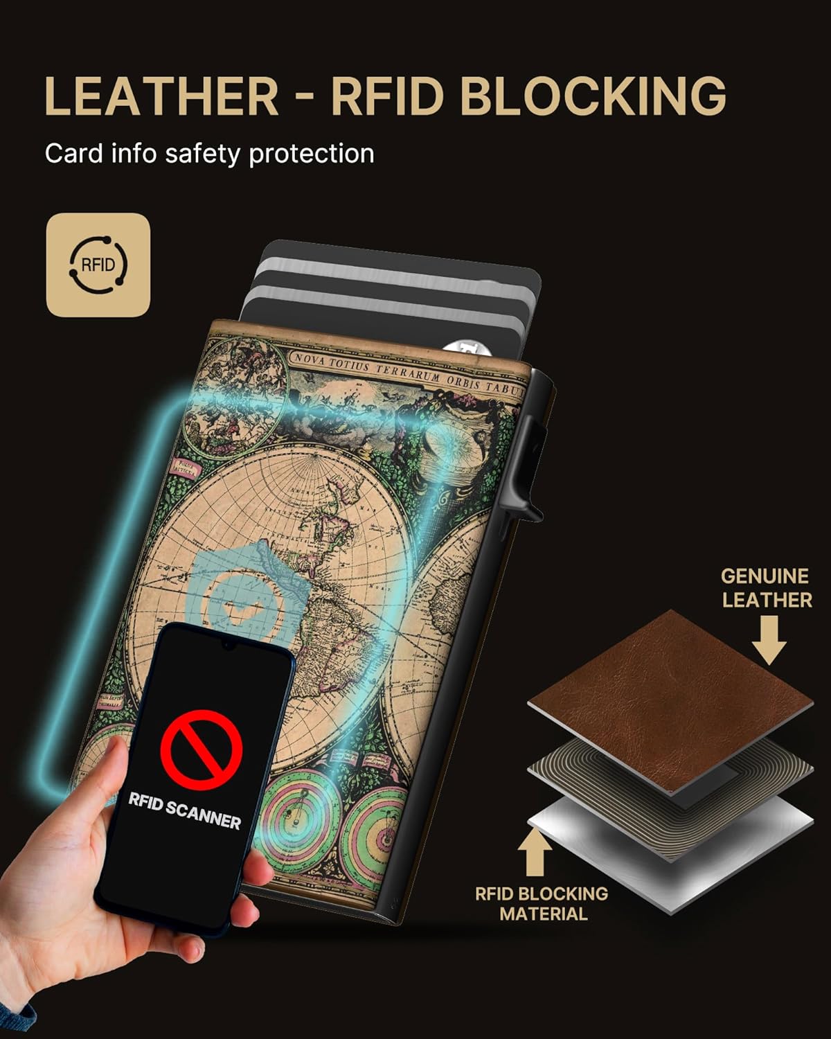 typecase Mens Wallet Card Holder: Pop Up Aluminum Case, Carbon Fiber Leather, Smart, RFID Blocking, Slim, Minimalist, Front Pocket - 9-14 Card Capacity | ID Window | Cash Slot (Map)