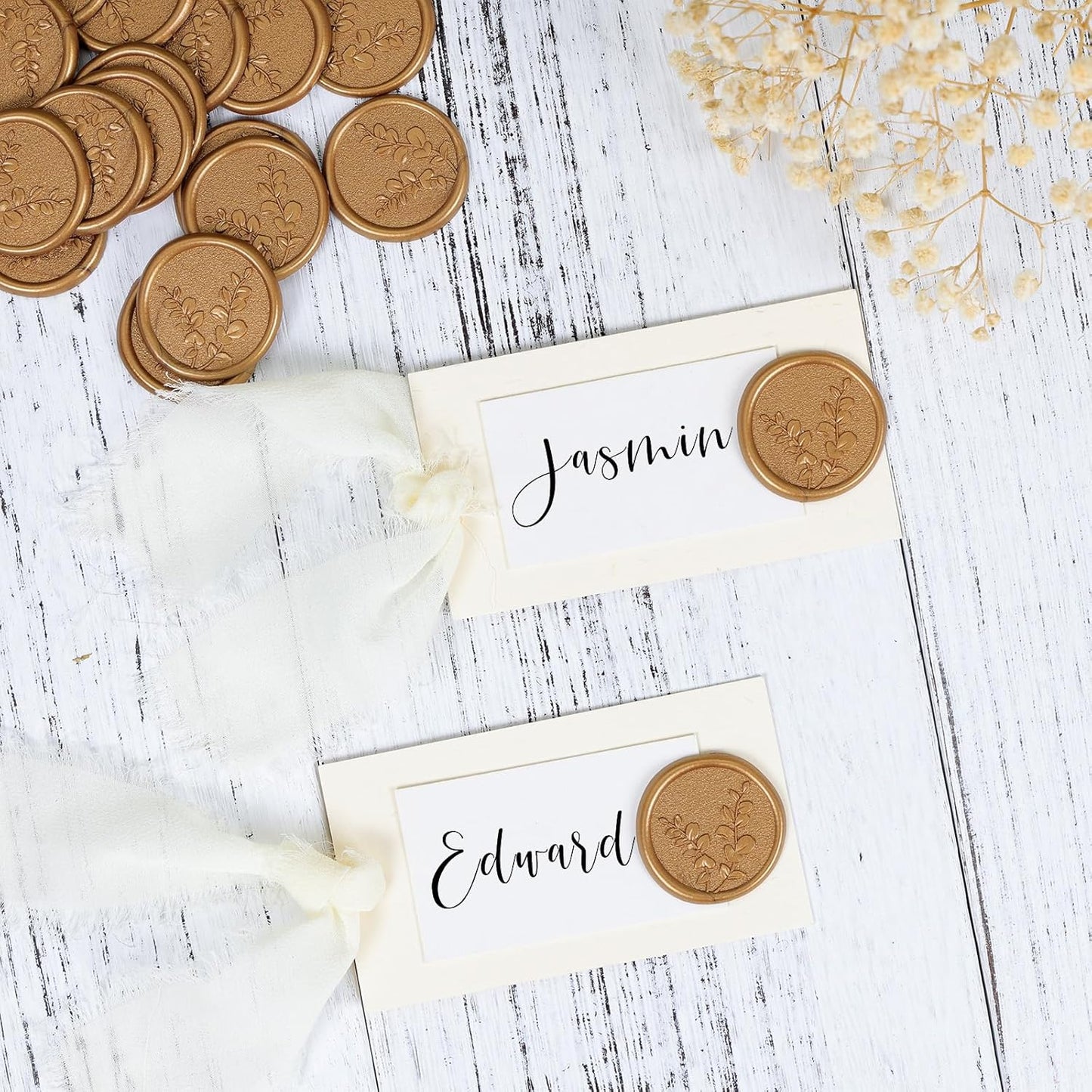 UNIQOOO Wax Seal Stickers - Eucalyptus Leaves Wedding Invitation Envelope Botanical Seal Stickers, 50 Pcs Self- Adhesive Antique Gold Stickers, Perfect for Invitation, Christmas, Gift Wrapping, Party