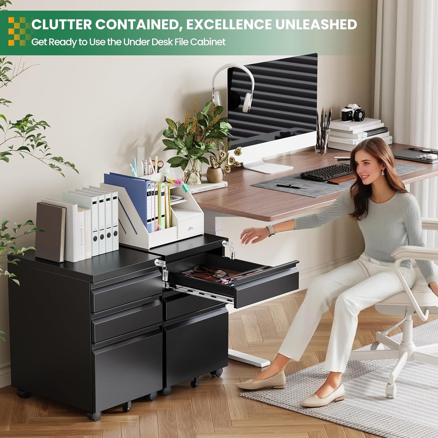 3 Drawer Mobile File Cabinet with Lock,Under Desk Storage Filing Cabinet for Home Office Fits A4 or Letter Size(Unassembled,Black)