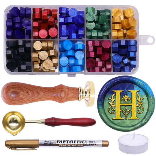 SWANGSA Initial Alphabet H Wax Seal Stamp Kit, Classic Retro Letter Sealing Stamp with 200pcs Sealing Wax Beads Kit for Wedding Invitations Cards Envelopes (H)