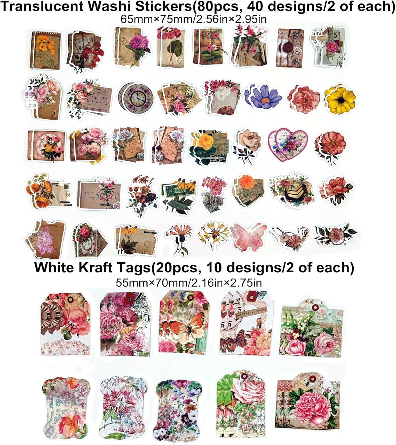 200PCS Vintage Scrapbooking Supplies Pack, Aesthetic Scrapbook Sticker Paper Art Journaling Kit for Bullet Junk Journals,Planner,Cottagecore Decor Gifts (Multiflora)