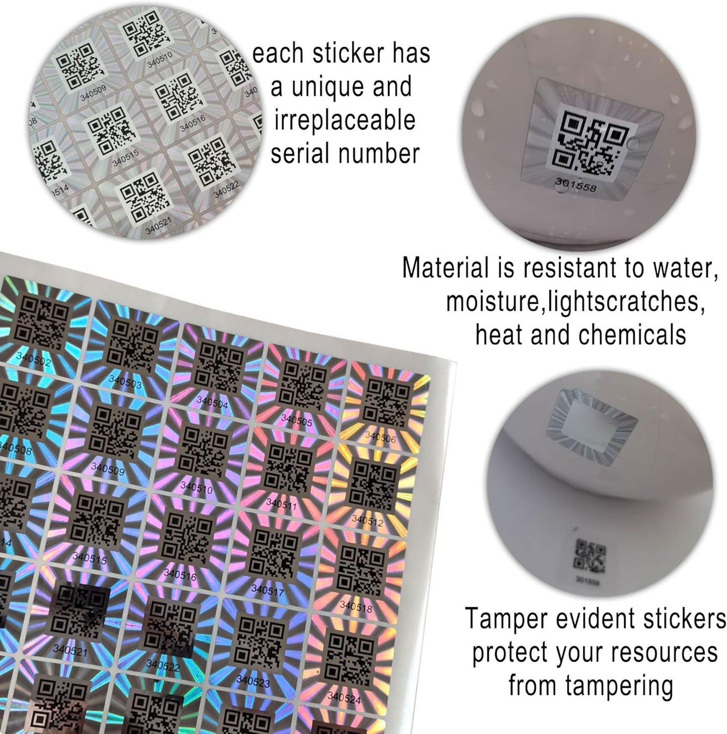 380pcs Hologram QR Code Labels, Tamper-evident Security Seal Sticker,Warranty Void Tamper Proof Labels with Unique Sequential Serial Numbering（1X1 inch)