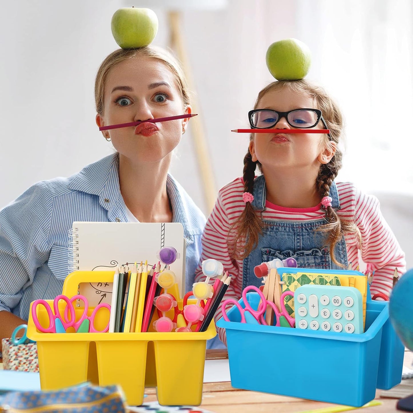 WILLBOND 12 Pcs Classroom Storage Caddies Stackable Utility Caddies with 4 Compartment Plastic Caddy with Handle Portable Storage Bins Organizers for Kids Schools Art Craft Supplies(Colorful)