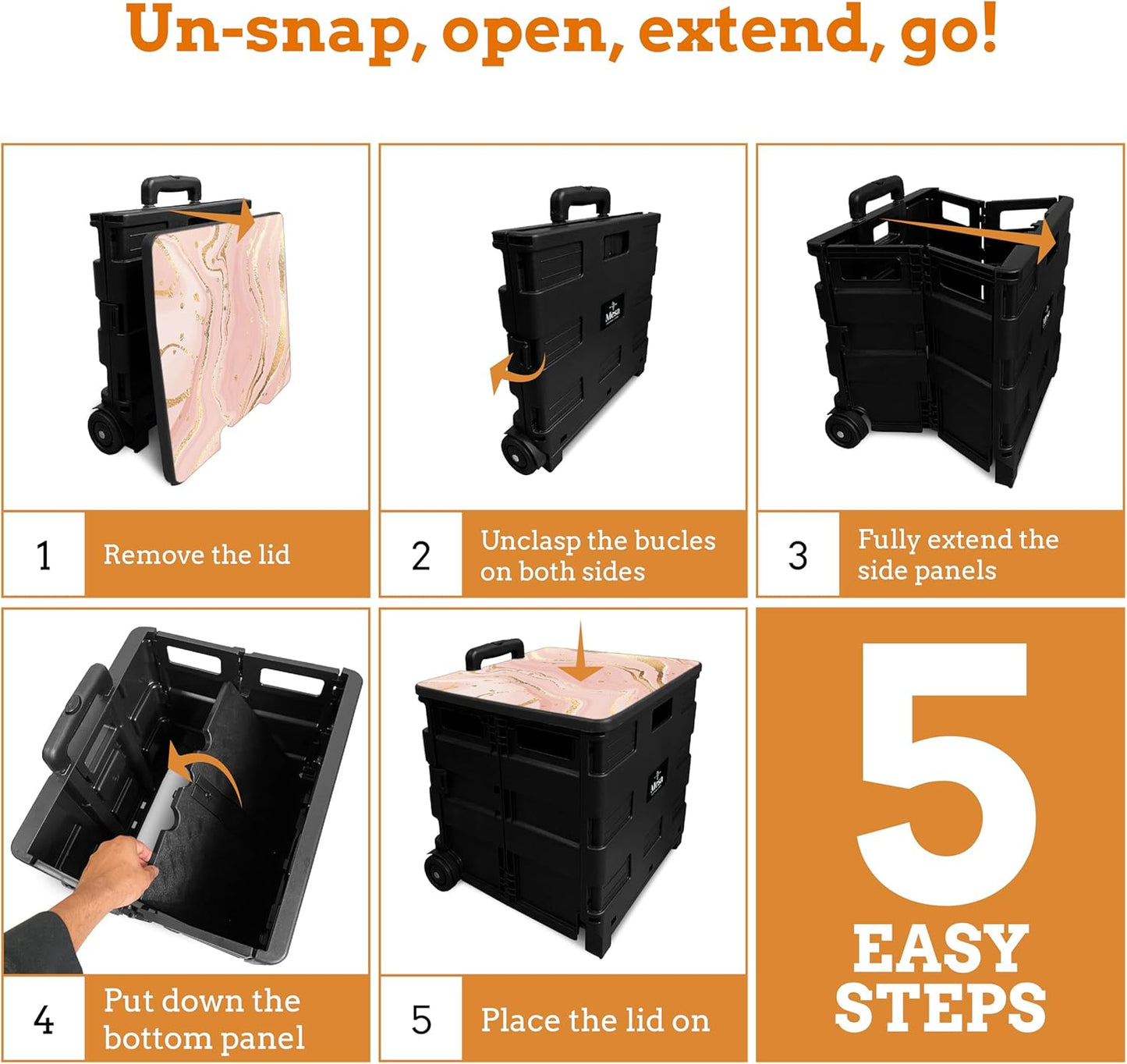 Inspired Living Collapsible Ultra-Slim Pack-N-Roll,2 Wheel Utility Cart w/Lid Used as Seat up to 250 Lbs, Telescopic Handle, Super Strong, for Home,Garden,Shopping,Office,School, Large, Pink Marble