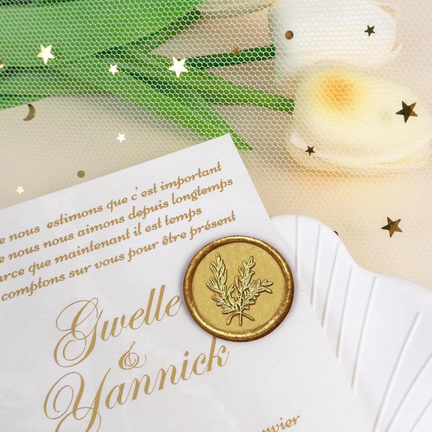 50Pcs Gold Wax Seal Stickers - Handmade Self-Adhesive Envelope Seals for Wedding Party Invitations, Gift Wrap, Christmas (Rosemary Style)