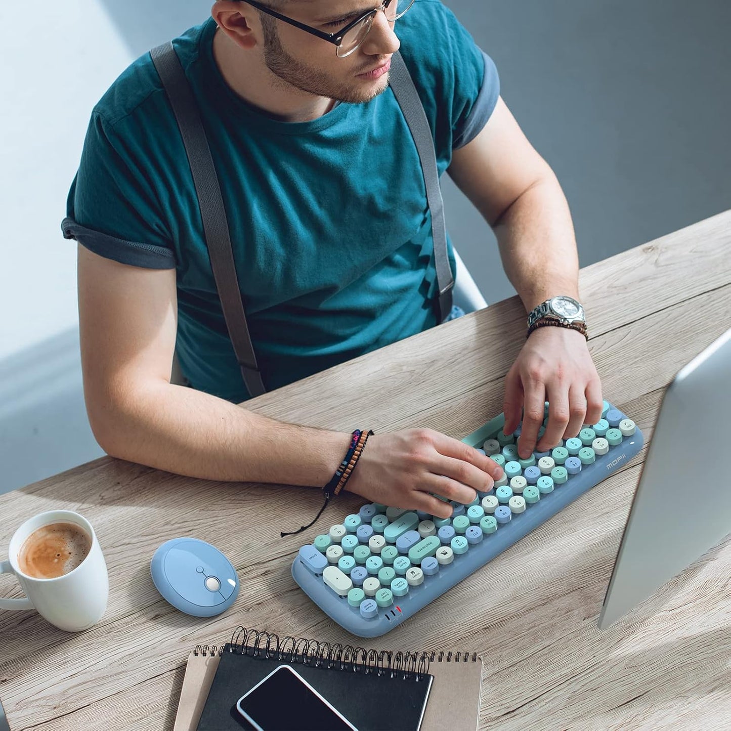 MOFII Wireless Keyboard and Mouse Combo, 2.4GHz Retro Typewriter Keyboard and Cute Mouse for Computer PC Desktops Laptop Windows(Blue Mix)