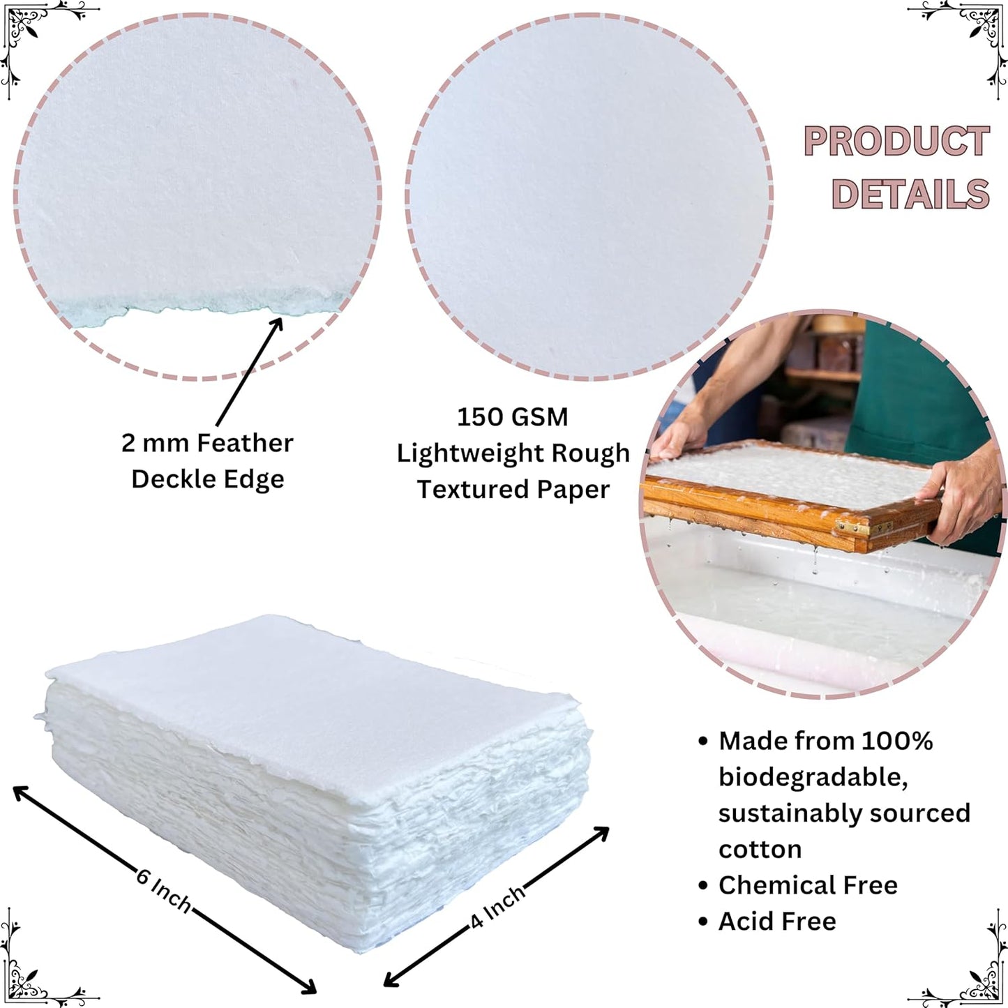 Handmade Deckle Edge Blank Paper - Mixed Media Loose Leaf Paper for Postcards, Invitations, Crafts and Announcements - White Color - Package of 50 - Thick 150 GSM - 4 x 6