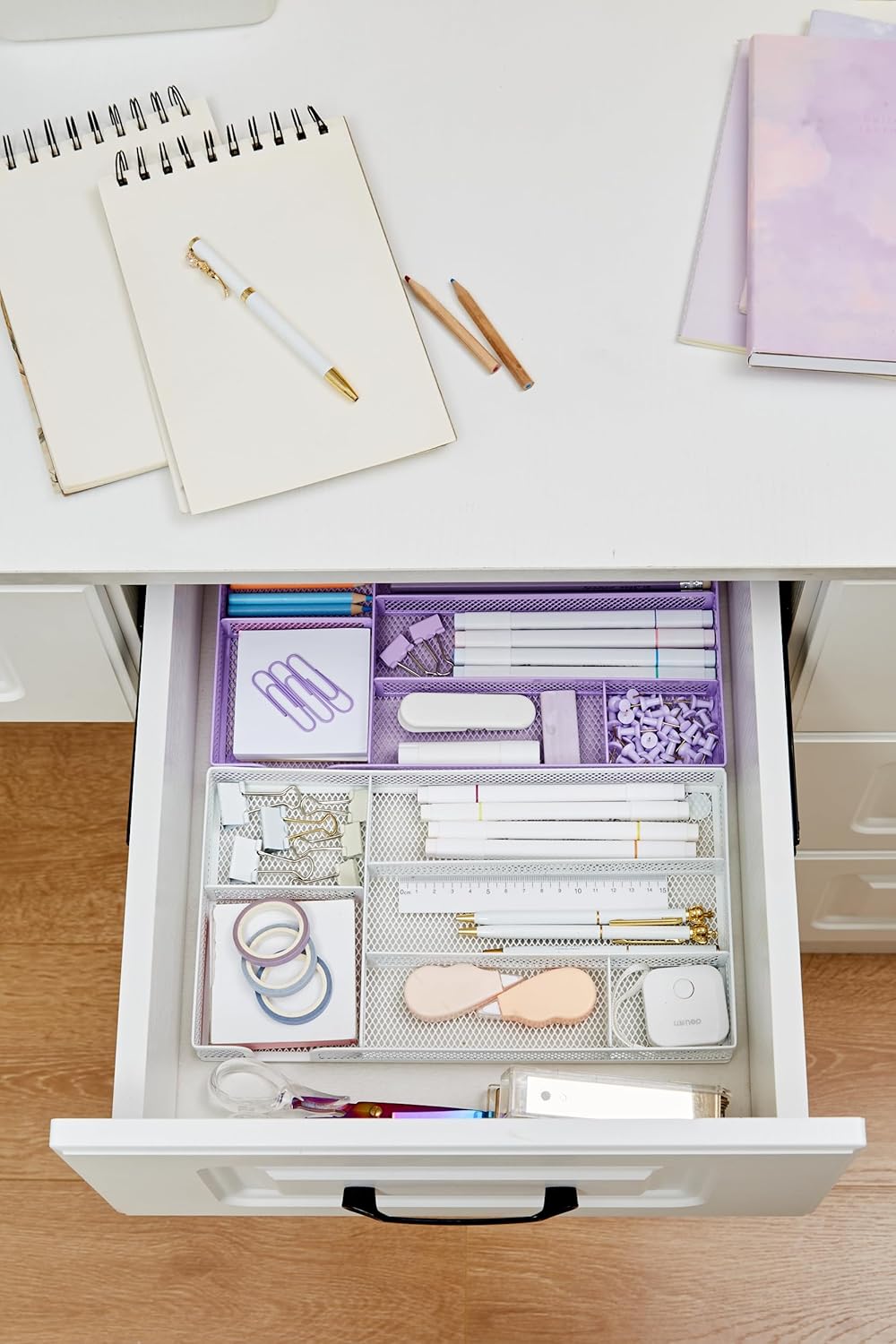 Annova Desk Drawer Organizer Tray for Office Organization - Metal Mesh - Storage Tray with Dividers for Pens, Desktop Accessories, Bathroom, Kitchen, Makeup and Office Supplies (Small, Purple)