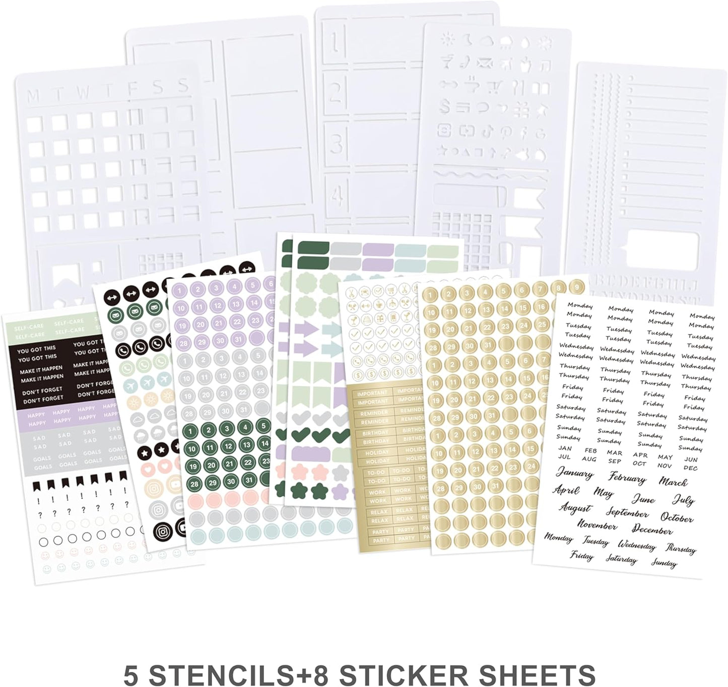 &And Per Se Dotted Journal Notebook Set, A5 Hardcover Dotted Journal (Green), 6 Fineliner Pens, 8 Sticker, 5 Stencil Sheets & 6 Washi Tapes, Journaling Supplies for Planner Schedule