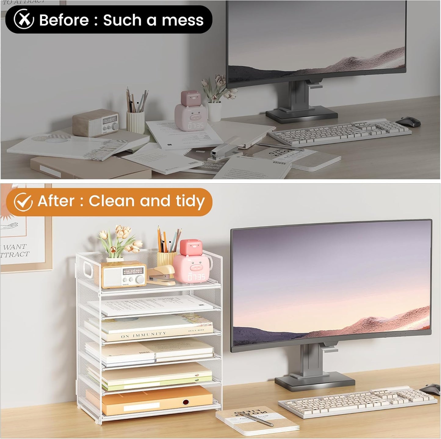 Subekyu 6 Tier Paper Organizer for Desk with Handle, Metal Mesh Desk Office File Folder Paper Letter Tray Accessories Organizer Sorter for Home, School, Office Desktop Document Organization - White