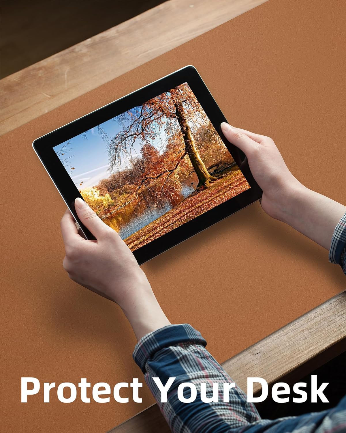 Leather Desk Pad Protector,Mouse Pad,Office Desk Mat, Non-Slip PU Leather Desk Blotter,Large Desk mat,Waterproof Keyboard mat for Office/Home/Decor (Light Brown,55" x 17")