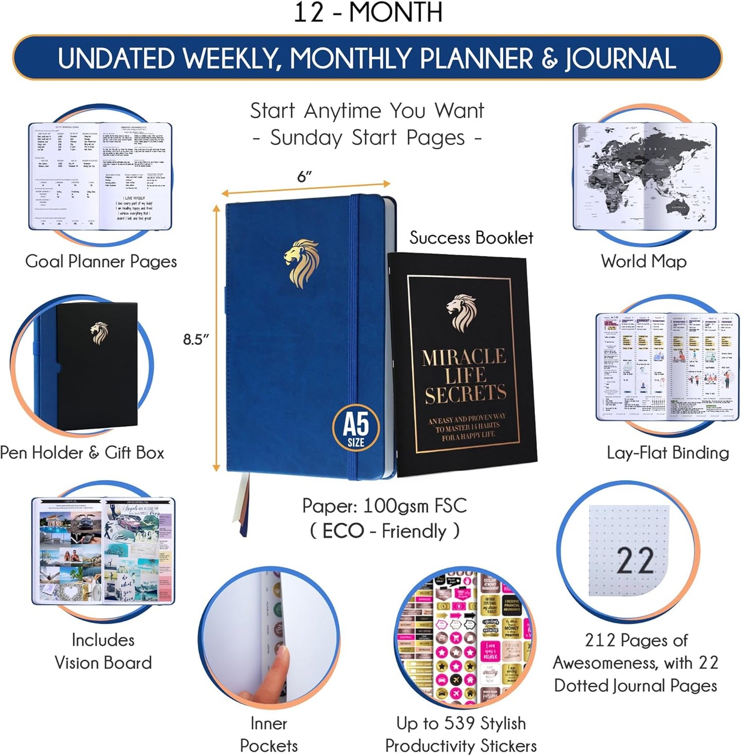 Hourly Planner - Undated Daily, Weekly & Monthly Planner with Budget Section | A 12 Month Journey to Increase Productivity & Happiness | Life Organizer & Gratitude Journal - Vertical Format