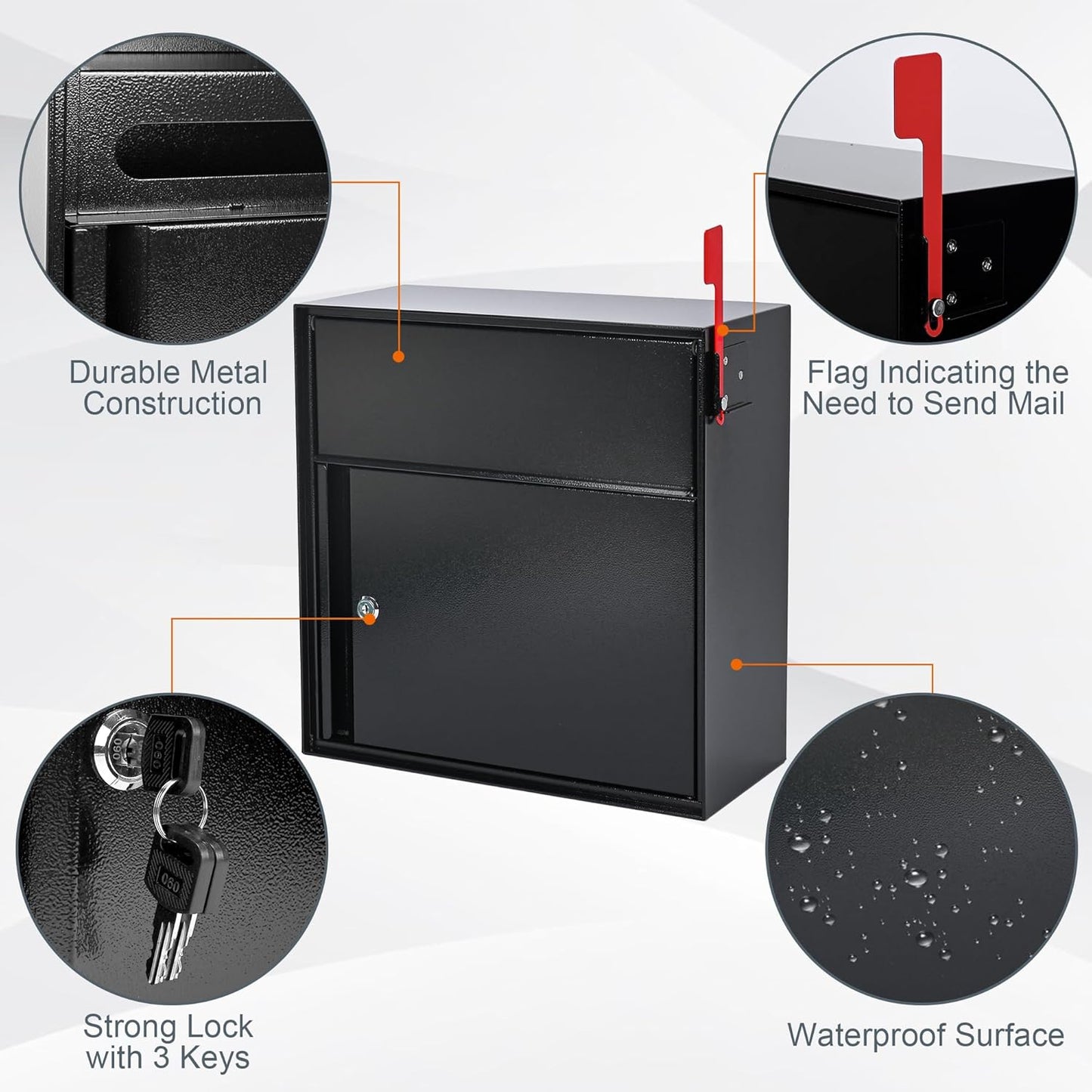 Large Wall Mount Mailbox with Lock and Outgoing Mail Flag for Outside, Steel Locking Security Mail Box with Number Stickers for House Outside, 14.8" x 6.9" x 15.4", Rainproof, Black