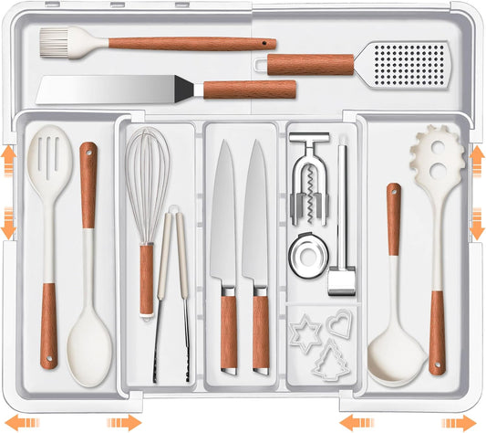 Large Utensil Drawer Organizer Expandable Silverware Organizer for Kitchen Drawer Adjustable Cooking Utensil Holder Cutlery Flatware Tray Spatula Tools Gadgets Storage Dividers Plastic White