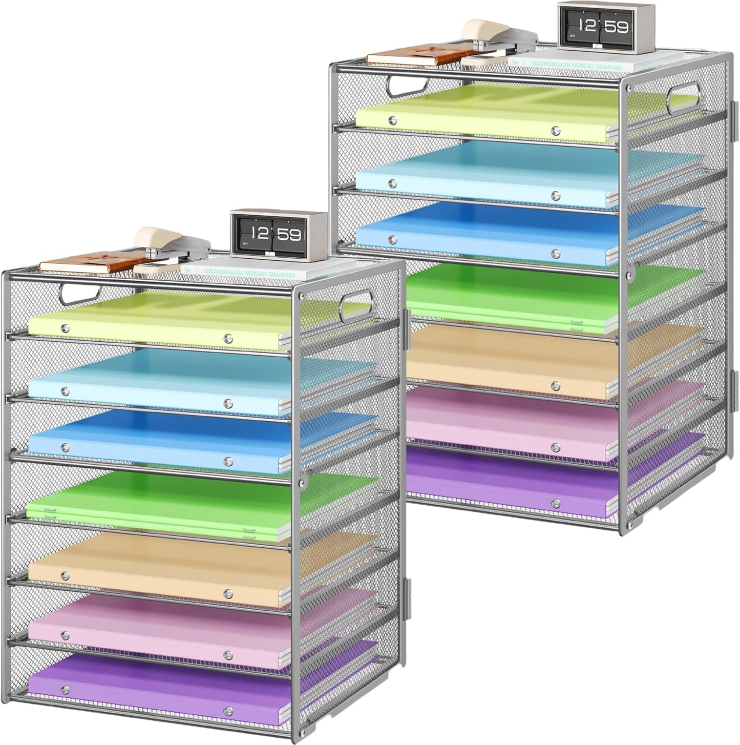 Paper Organizer with Handle 8 Tier Metal Mesh Desk File Organizer Large Capacity Desk Organizers Paper Letter Tray Desktop Document Sorter for Office, Home or School 2 Pack Silver