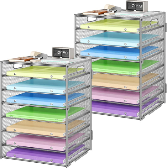 Paper Organizer with Handle 8 Tier Metal Mesh Desk File Organizer Large Capacity Desk Organizers Paper Letter Tray Desktop Document Sorter for Office, Home or School 2 Pack Silver