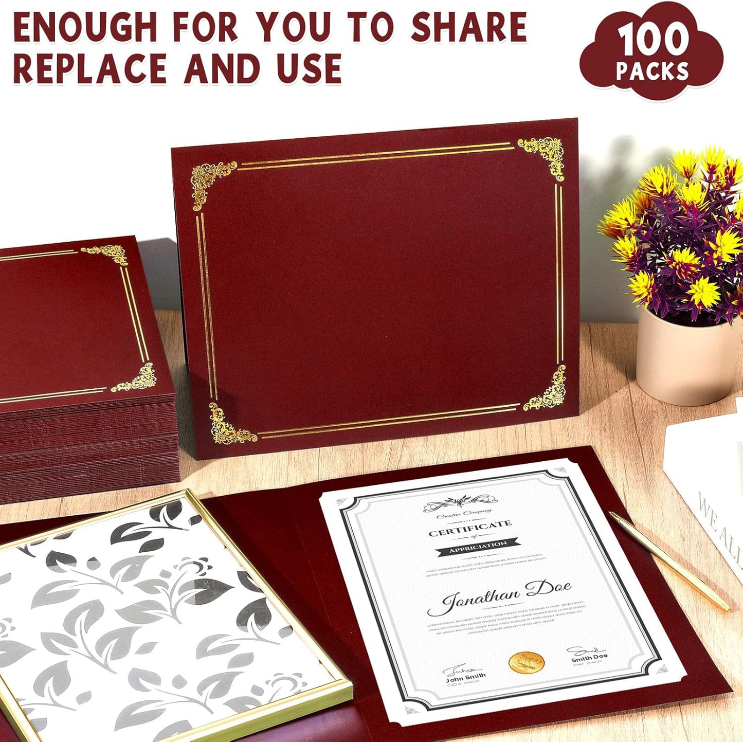 gisgfim 100Pcs Certificate Holders Diploma Covers Single Sided Gold Foil Border Award Certificate Covers for Letter Size 8.5x11 Certificates Cardstock Document Papers Storage Organizer (Maroon)
