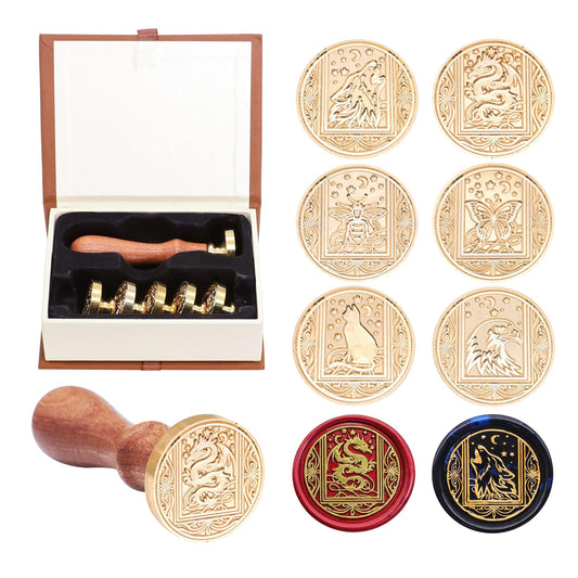 SWANGSA Wax Seal Stamp Set, Vintage 6 Pieces Sealing Wax Stamp Heads and 1 Wooden Handle for Wedding Party Invitations, Letters, Envelopes, Christmas (Starry Animals Set)