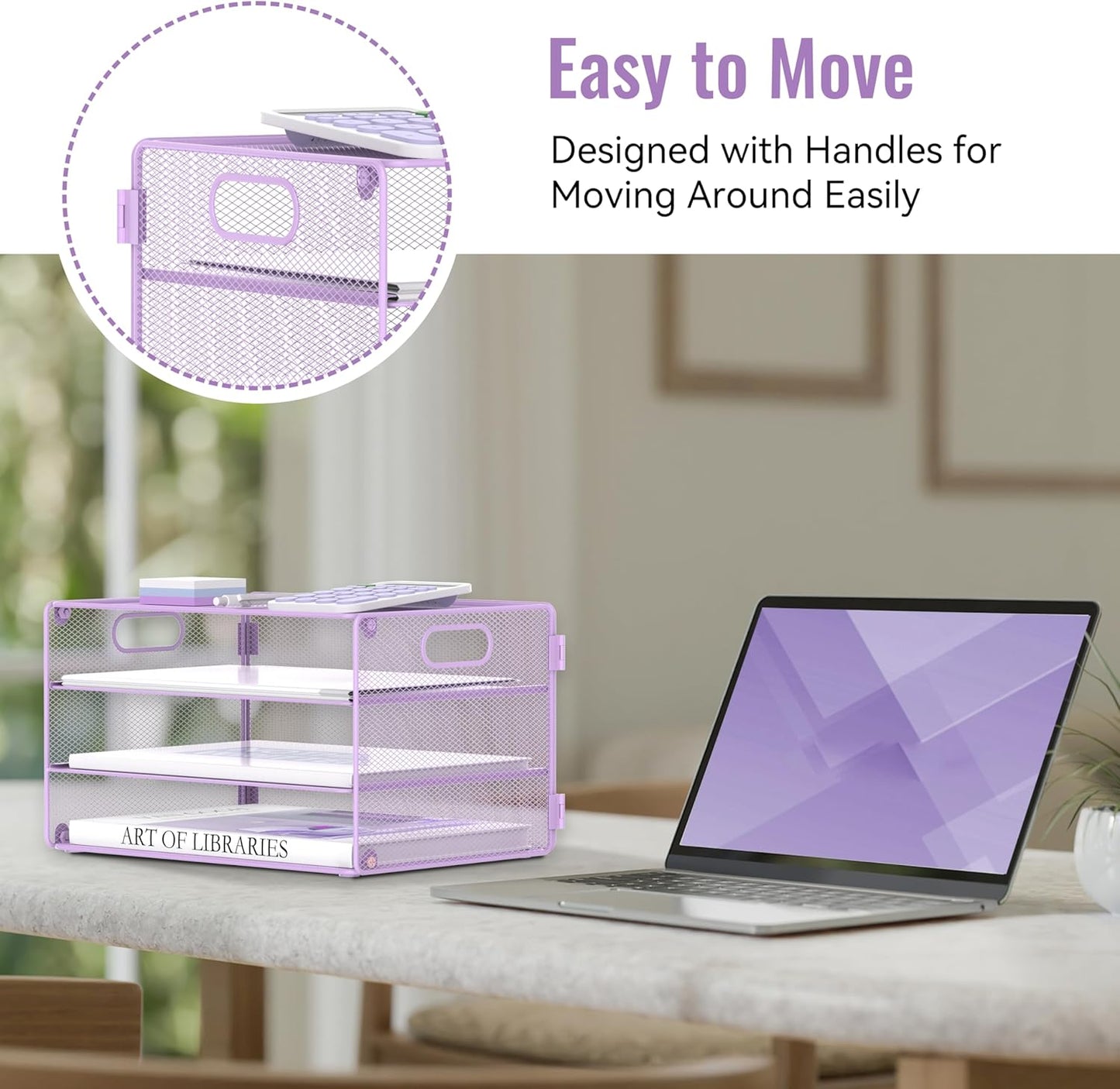 DALTACK 3 Tier Letter Tray Paper Organizer with Handle, Mesh Desk File Organizer, Paper Tray Desk Organizer for School Office Home, Metal Mesh, Purple