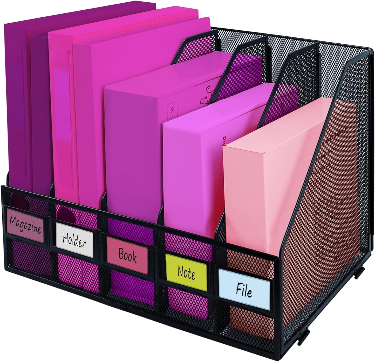 Desk Organizers, Metal Magazine File Holder with 5 Vertical Compartments Rack Binder File Organizer for Office Supplies, Home Workspace - Black