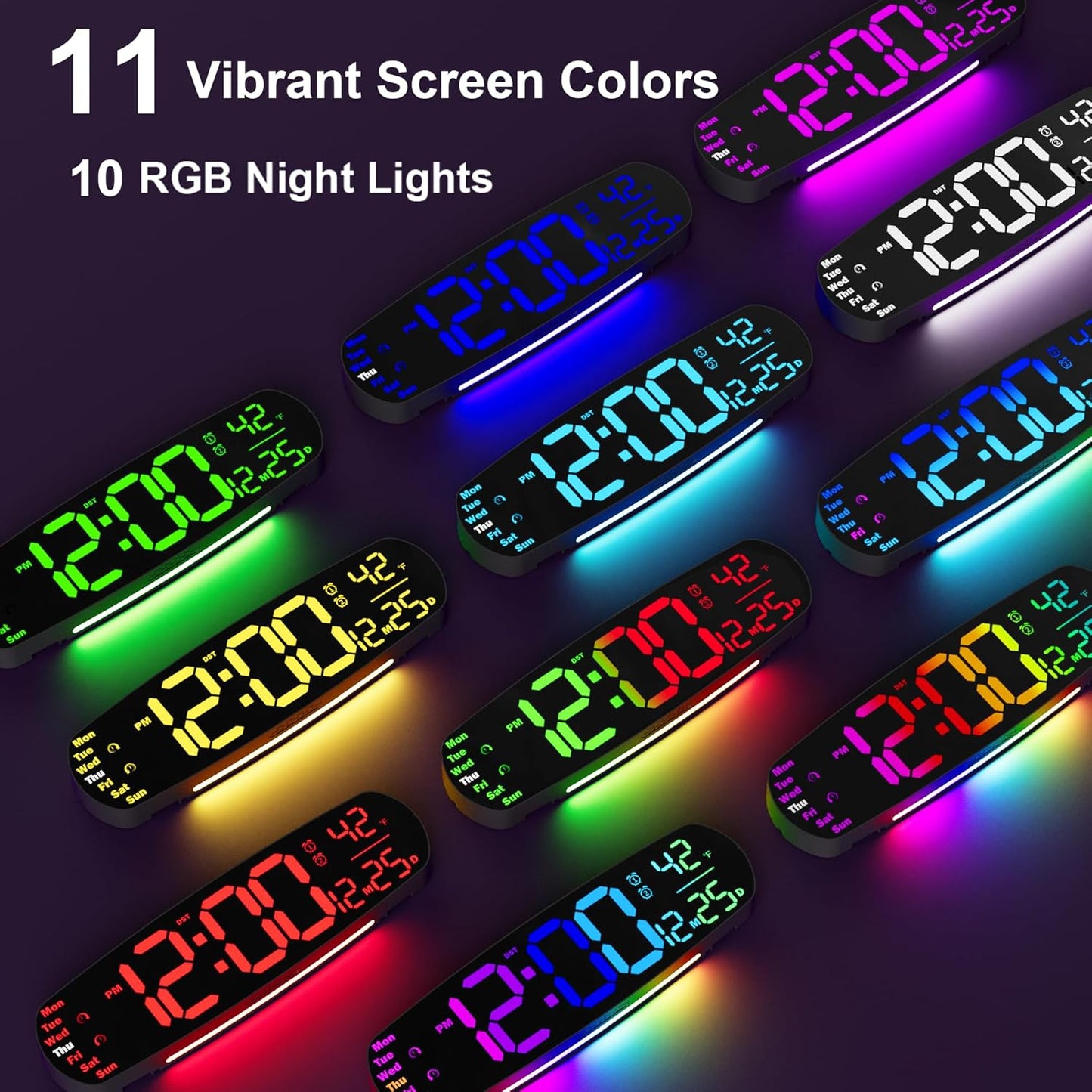 Large Digital Wall Clock, Desk Clock with Date Temperature, 11 RGB Colors, 10 Night Lights, Dual Alarm, Auto Dimming, Timer, 13.7" Digital Clock for Classroom, Bedroom, Living Room