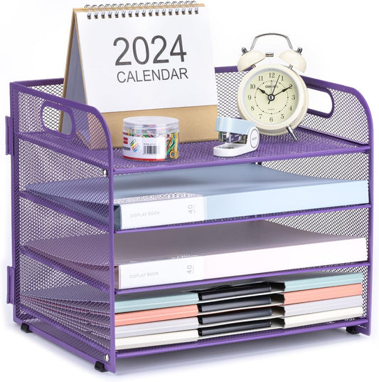 4-Tier Desk Organizer Paper Tray, Desk File Organizer with Handle, Mesh Desk Organizer Letter File Stackable Trays for Home Office Supplies and Accessories - Purple