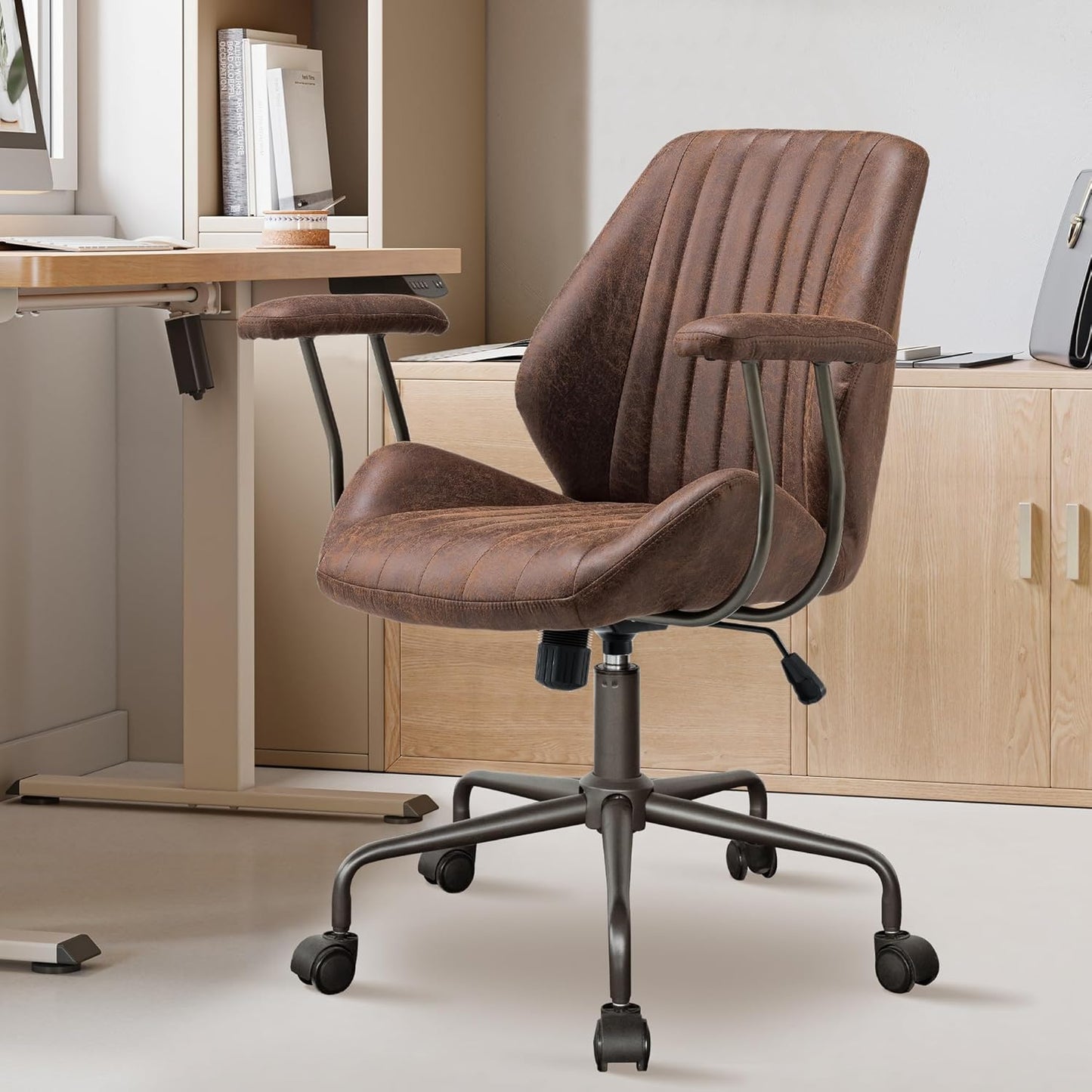 Mid Century Modren Office Chair - Mid Back Swivel Executive Chair with Lumbar Support,Ergonomic Computer Desk Chair with Wheels,Faux Lether Suede Task Chair,350lbs (Dark Brown, Mid Back)