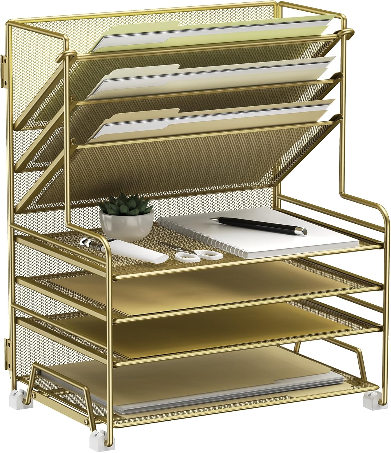4-Tier Paper Organizer + 3-Pocket File Holder + Drawer + Pen Holders, Desktop File Organizers Paper Tray for Office Supplies School Classroom Organization (Gold, no Drawer & Pen Holder)