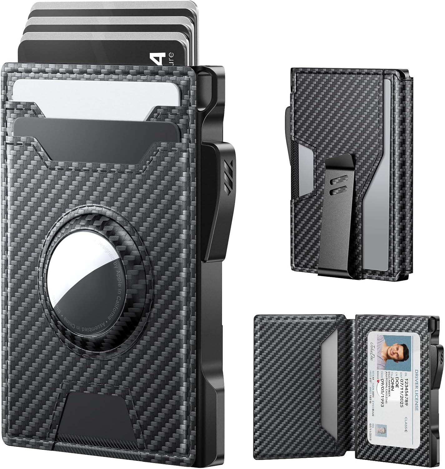 typecase AirTag Wallet for Men: Pop Up Card Case, Secure Holder for Apple Air Tag, Premium Leather, Smart, RFID Blocking, Slim, Minimalist, 13 Cards Capacitiy | ID Window | Money Clip (Carbon Fiber)