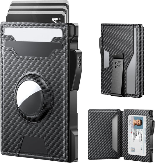 typecase AirTag Wallet for Men: Pop Up Card Case, Secure Holder for Apple Air Tag, Premium Leather, Smart, RFID Blocking, Slim, Minimalist, 13 Cards Capacitiy | ID Window | Money Clip (Carbon Fiber)