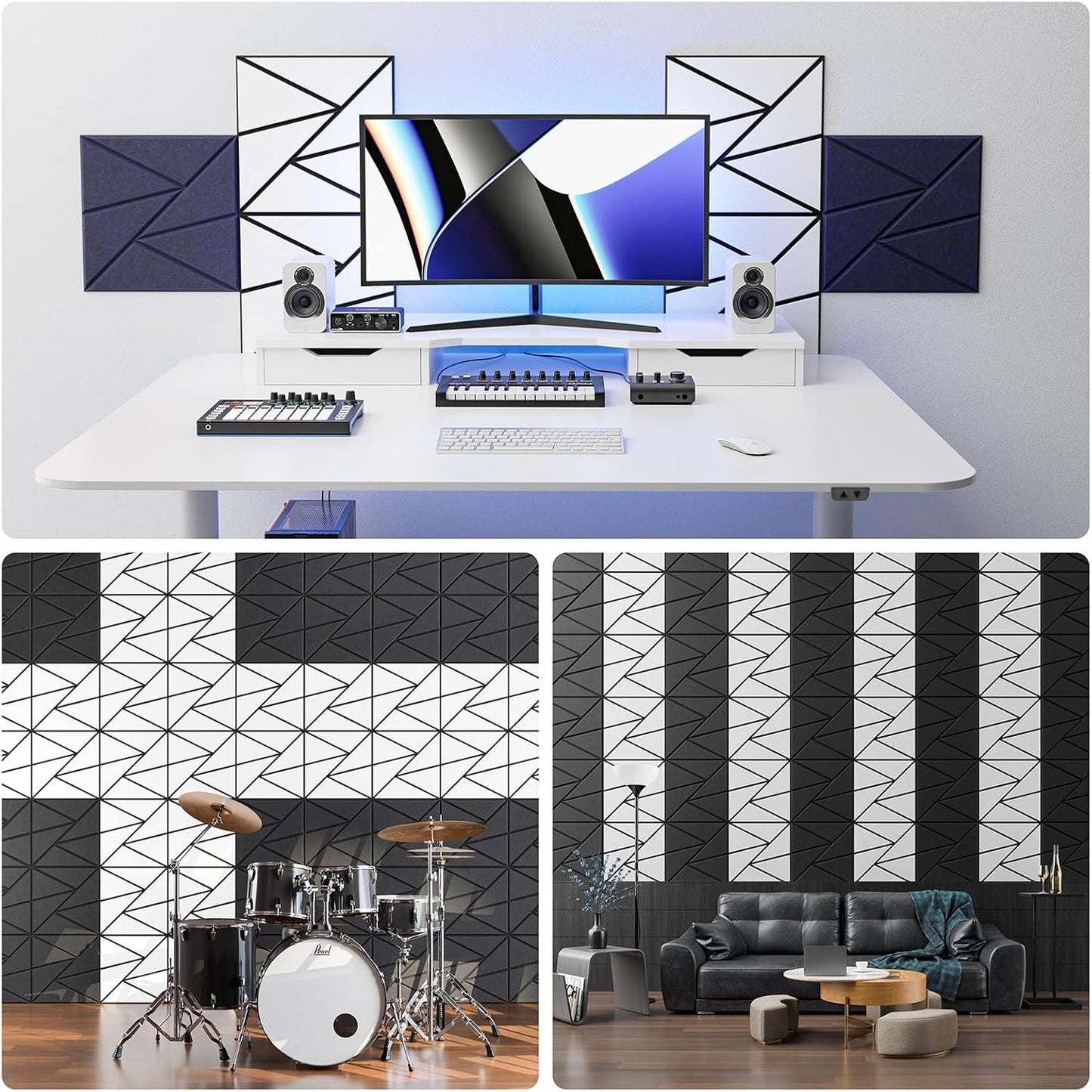12 pack Acoustic Panels With Self-Adhesive, 12"X 12"X 0.4"Sound Proof Foam Panels, Sound Panels High Density, Soundproof Wall Panels for Home Studio Office- BlackBase + WhiteFace V1