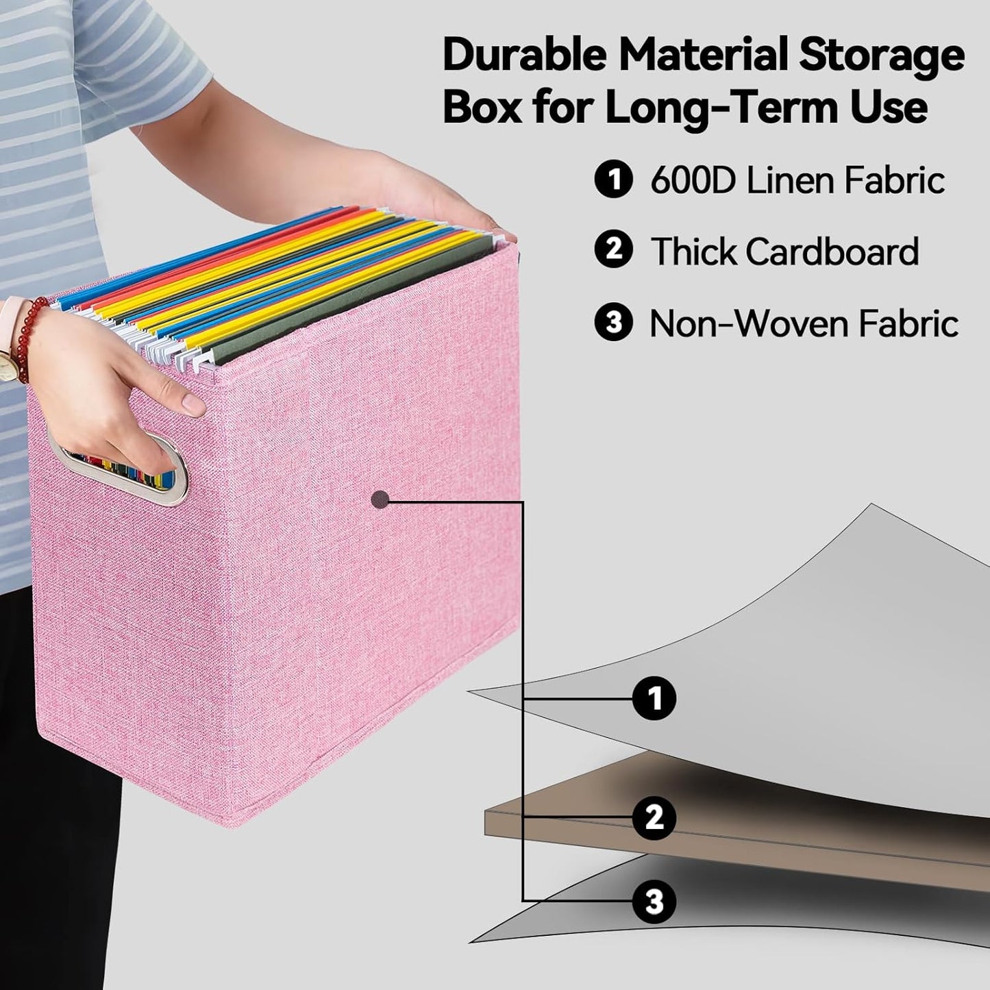 4 Packs Letter Size File Organizer, File Folders Organizer, Fabric Storage Box, Collapsible Paper Organizer with Metal Handle, Smooth PVC Rails, Only Box (Pink)