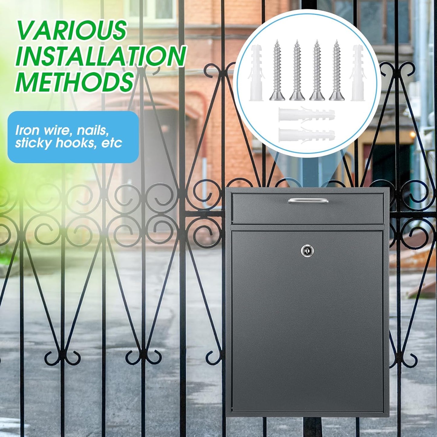 Locking Mailbox with Key for Outdoor 16.2 x 11.2 x 4.7 Inches Large Wall Mount Mail Box with Lock Security Mail Drop Metal Collection Boxes Hanging Secure Postbox(Dark Gray)