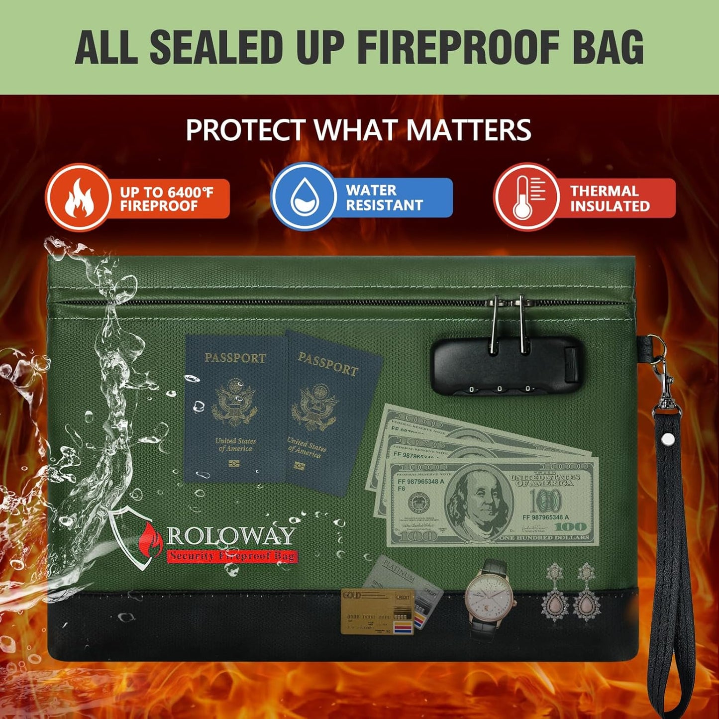 ROLOWAY Fireproof Money Bag with Lock for Cash, 6400°F Fire Proof Document Bag (12.2 x 8.5 x 1.6 inches), Money Pouch with Zipper (Green)
