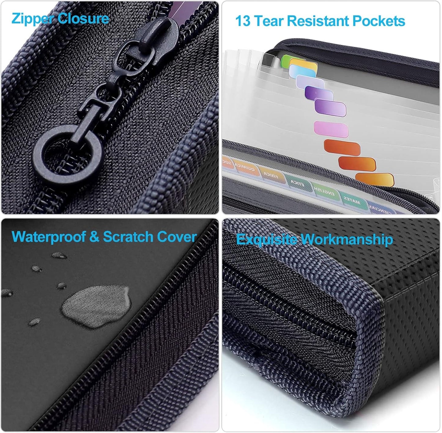 MEGREZ Expanding File Folder with 13 Pockets, A4 Paper File Folder with Zipper Color Labels, Waterproof Accordion File Folder Organizer for Home Office, Black