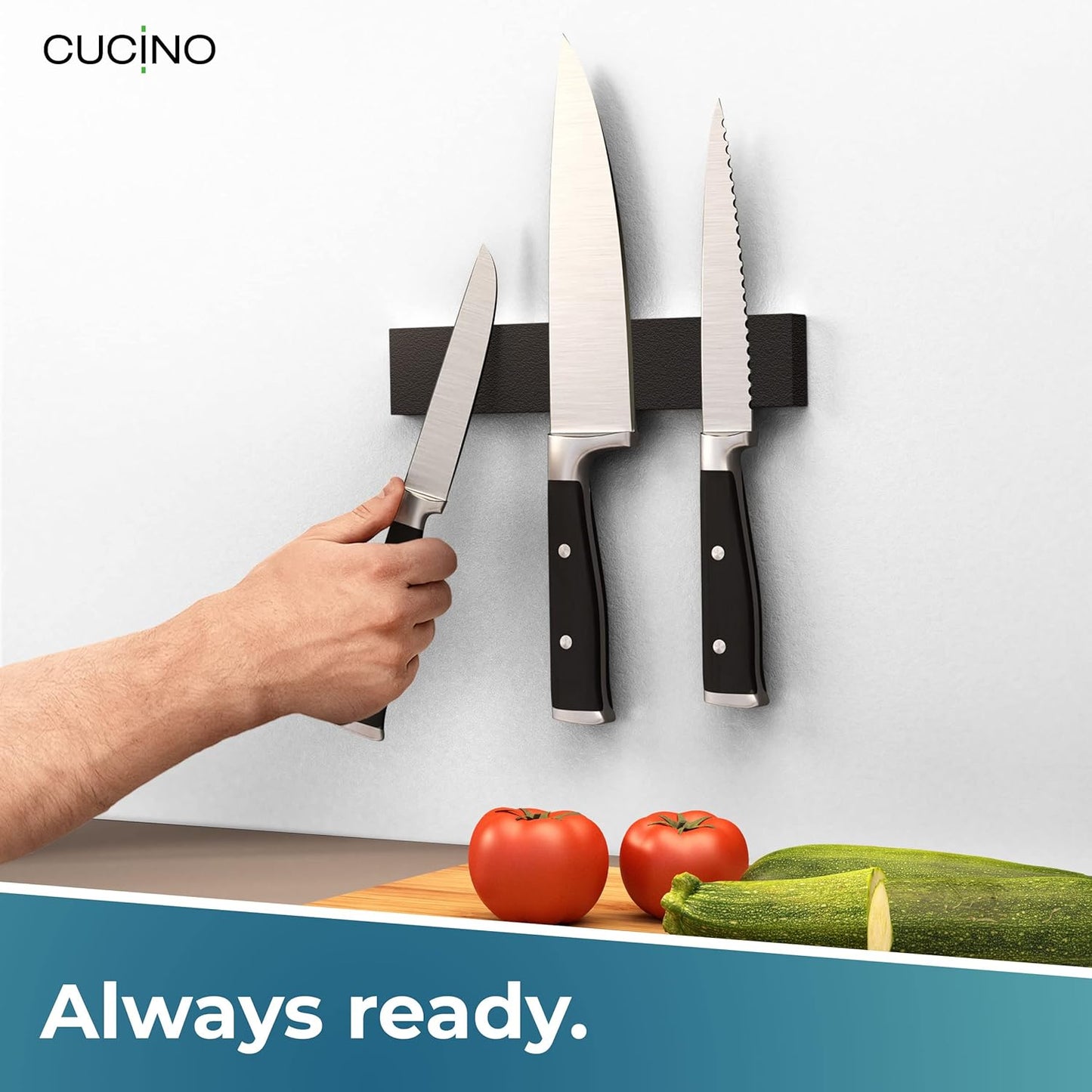 CUCINO Magnetic Knife Holder for Wall 10" No Drilling incl. Self Adhesive Tape - Extra strong Knife Holder - Awarded Knife Magnetic Strip - Made of Stainless Steel - black