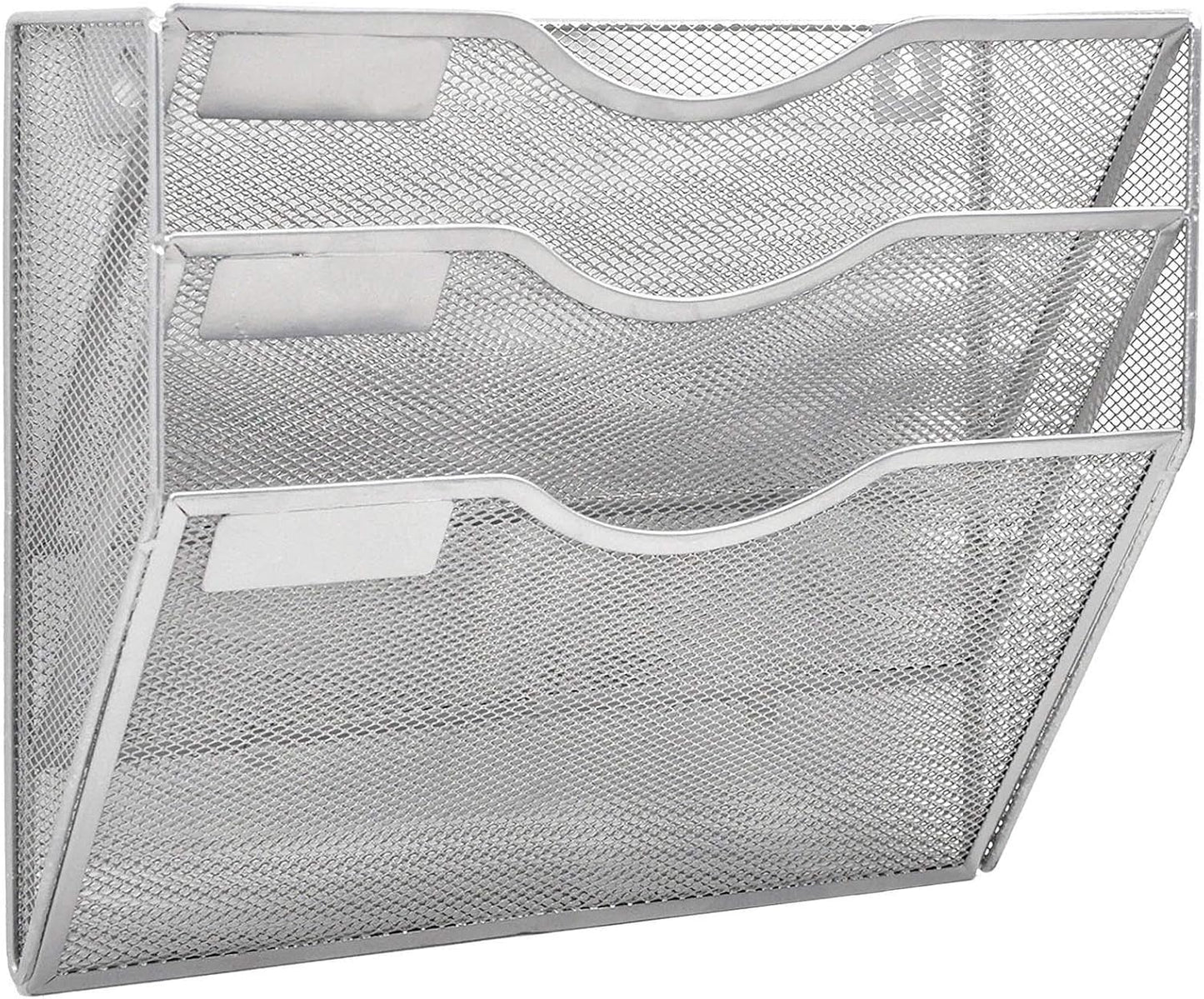 EASEPRES 3 Pocket Mesh Hanging Wall File Organizer, Wall Mounted Mail Paper Document Folder Holder, Clipboard Storage Organization Magazine Rack with Nametag Label for Office Home School, Silver