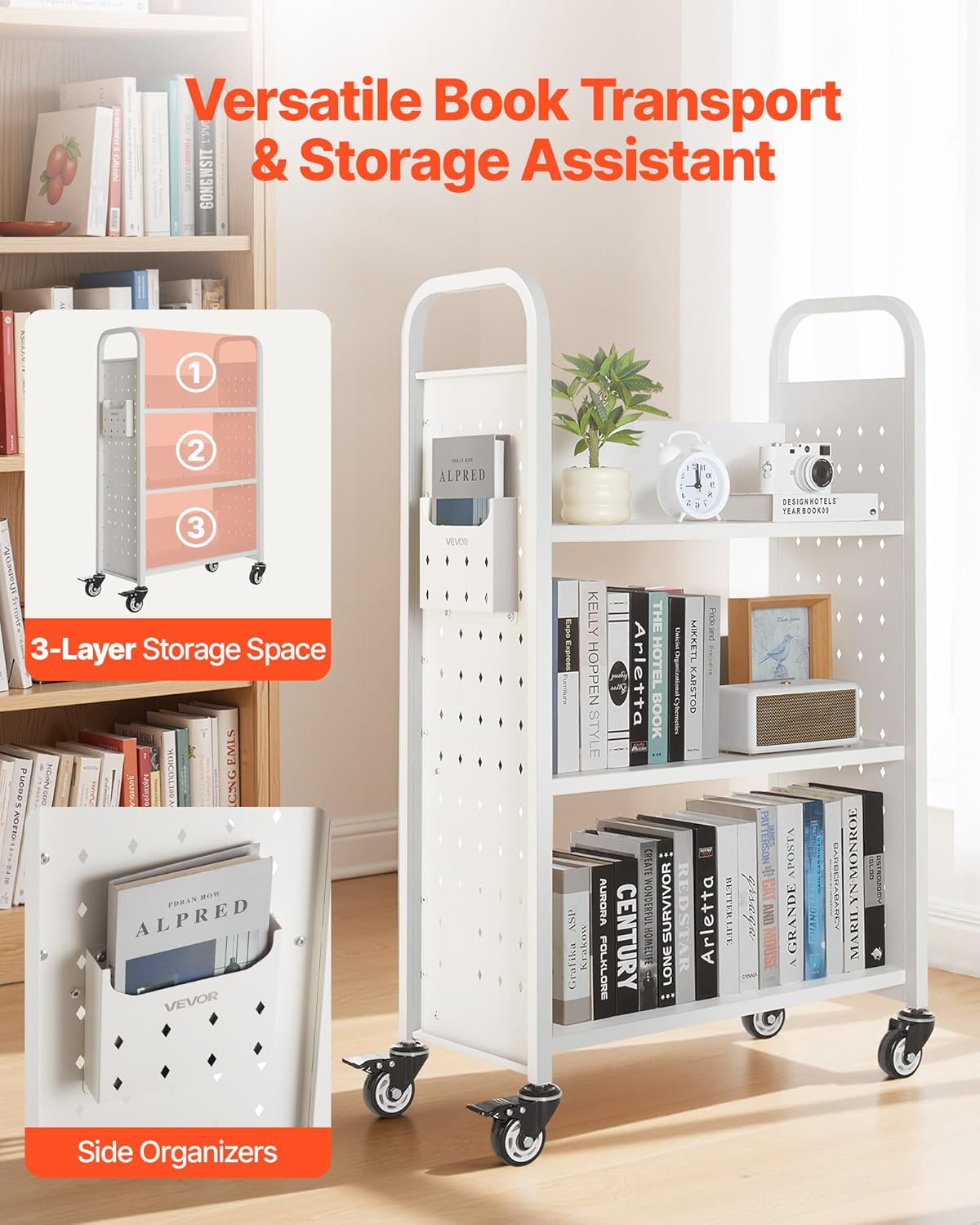 VEVOR Rolling Library Book Cart, 330 lbs Capacity, 30.3 x 15 x 48.0-Inch Library Cart, Single Sided L-Shaped Shelves with 3-Inch Lockable Wheels, Book Truck for Home Shelves Office and School, White