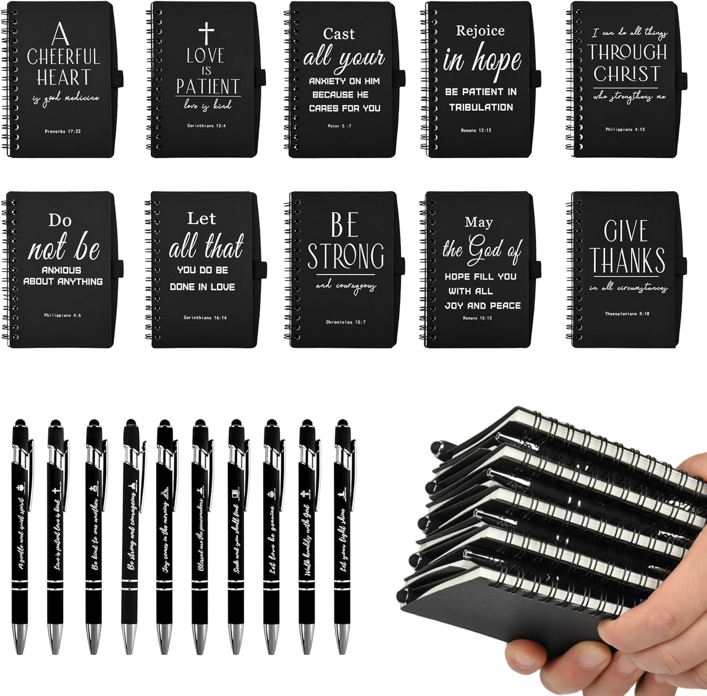 Christian Prayer Journal Spiral Black Notebooks Bulk Small Notepad with Pens - Small Notepads (4.13”x5.43”) - inspirational Gifts for male, Church Members & Bible Study Groups (30 sets Black)