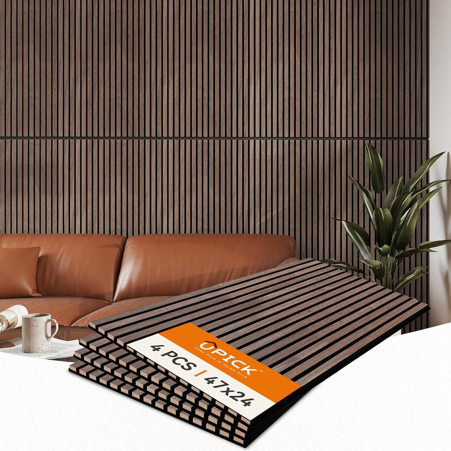 Upick MDF Acoustic Wall Panels, 4 Pack 48" x 24" 3D Slat Wood Panels for Wall, Soundproof Panels for Interior Wall Decor, Walnut