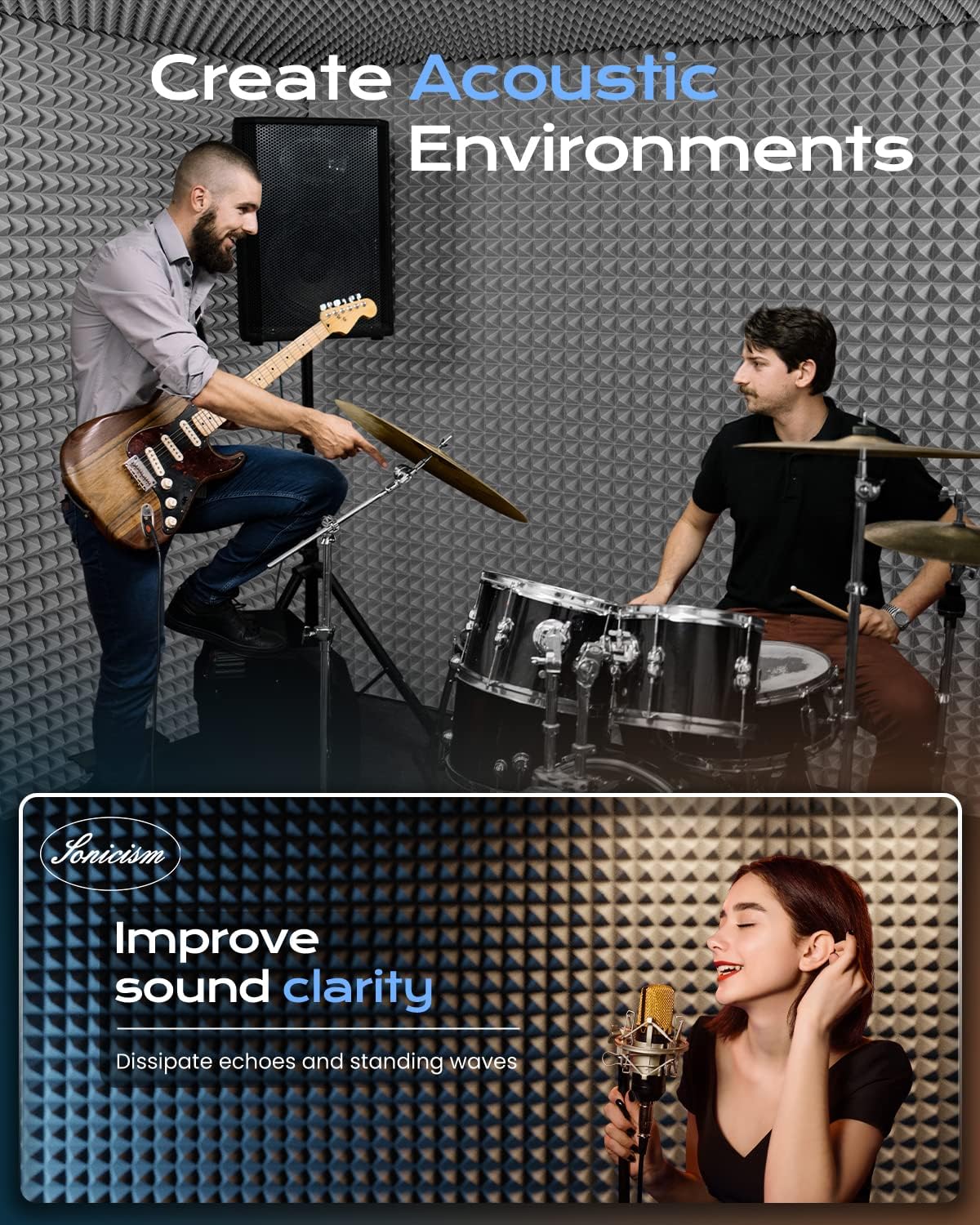 Sonicism Sound Proof Foam Panels for walls Self-Adhesive Pyramid 12 Pack,12" X 12" X 1" Acoustic Panels 35kg/m³High Density,Acoustic Wall Panels Fast Expand,Sound Absorption and Decoration,DarkGray