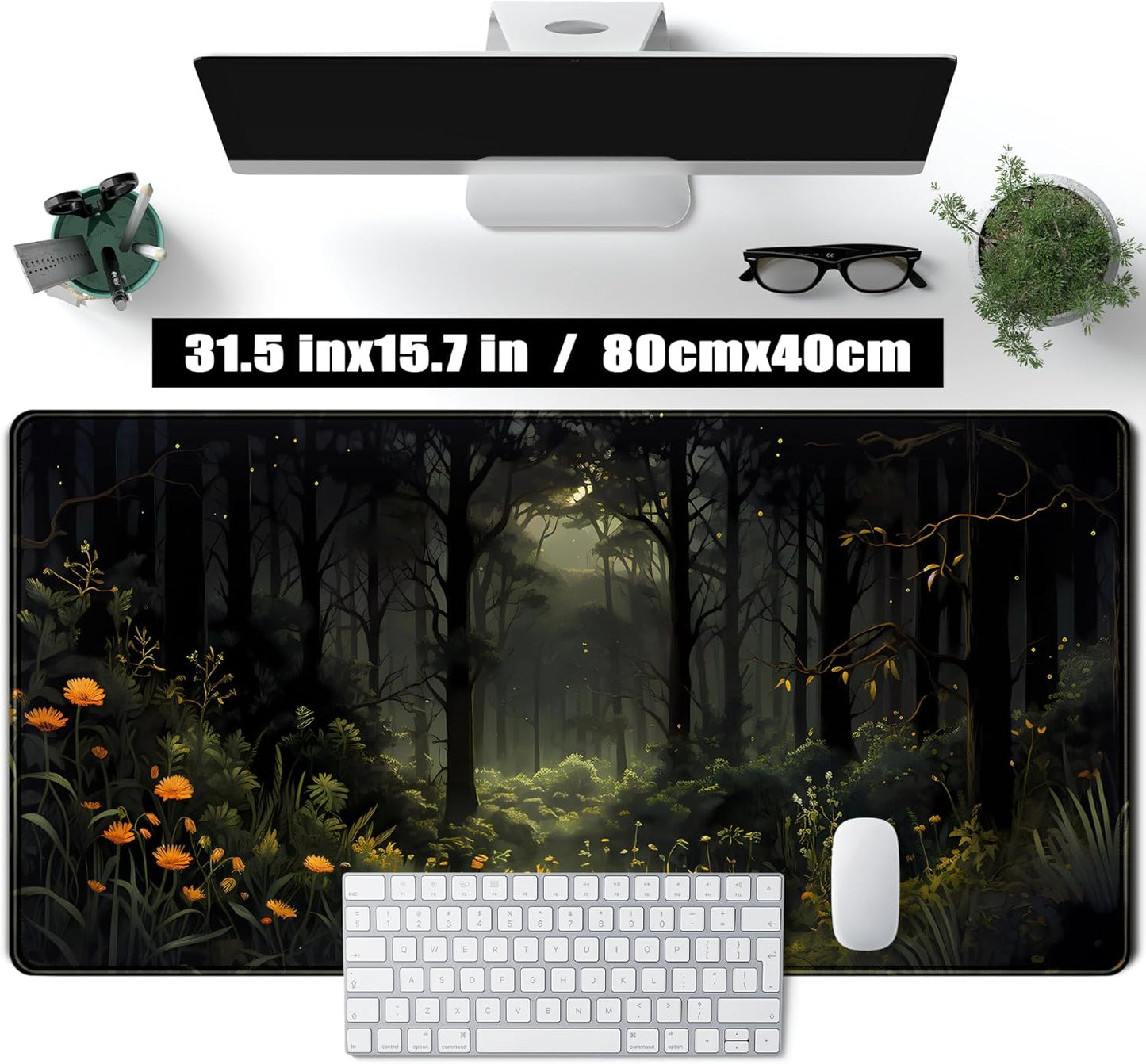Dark Forest Desk Mat Mouse pad, Green Nature Deskmat XXL Large Extended Aesthetic Plant Mousepad Gaming Desk Pad, Big Laptop Computer Keyboard and Mouse Mat for Women Office Desk Decor 31.5x15.7 in