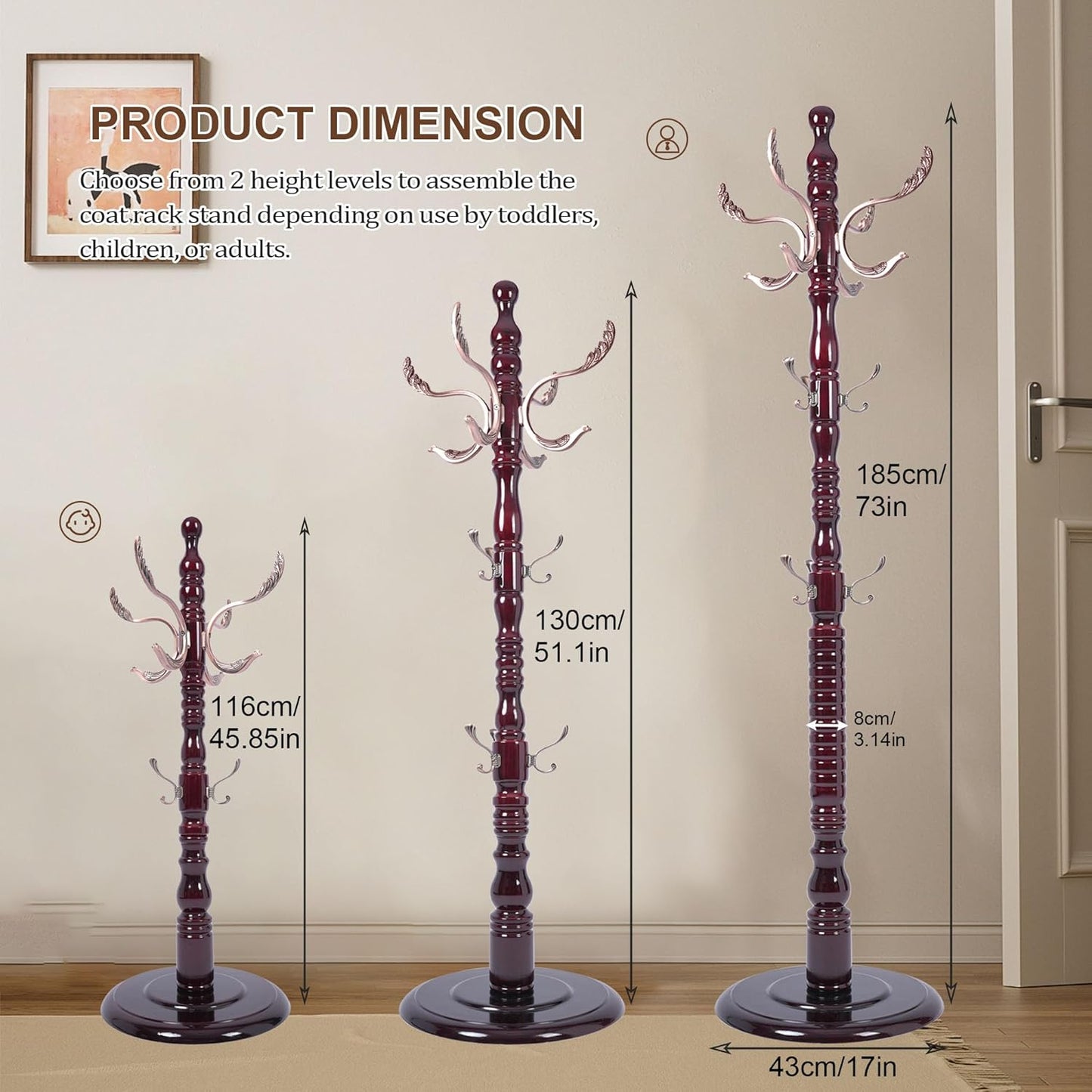 Solid Wood Coat Rack Stand with 20 Hooks, Vintage Coat Rack Freestanding with Heavy Duty Base, 3 Adjustable Height Coat Hanger Stand Hall Tree Fits Entryway Bedroom Office for Coat,Bag,Hat