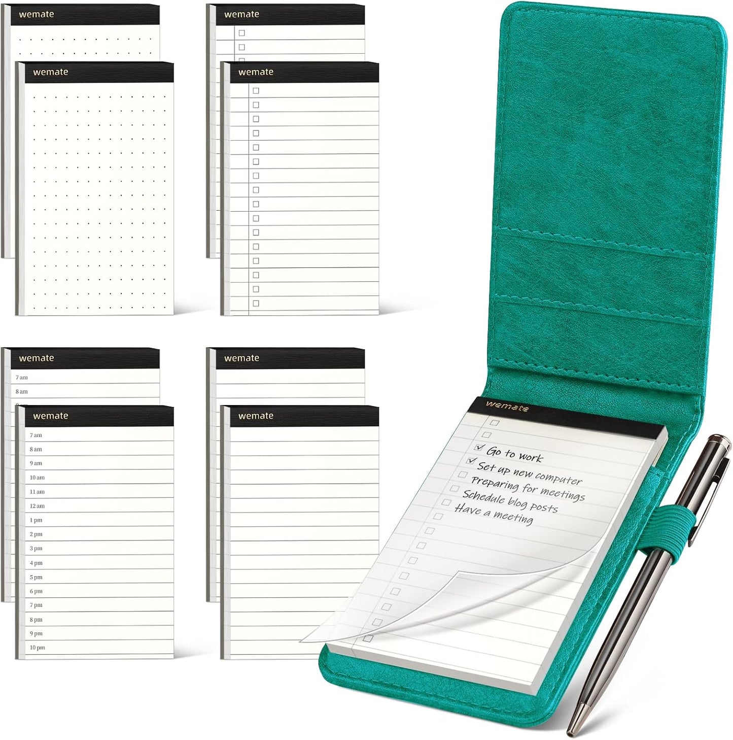 WEMATE 10 Pieces Small Notepad Holder Set Pocket Notebook - Included Mini Pocket Notepad Holder Set with 8 Memo Book Refills and Metal Pen for Meetings, Daily Records, and Notes 3 x 5 Inch (Green)